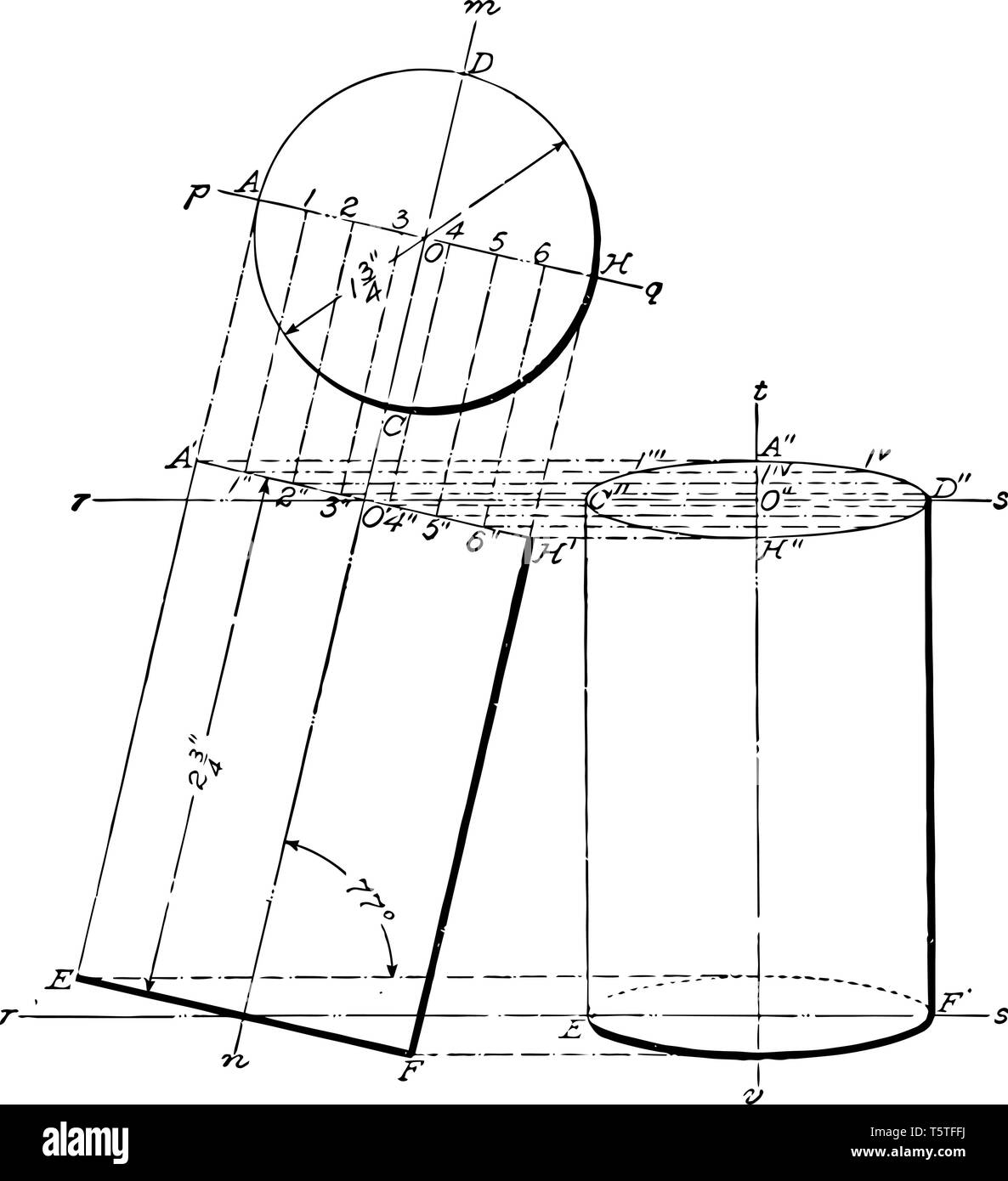 Das Bild zeigt die drei-Achsen-Ebene Projektion der Zylinder. Es ist eine grafische Darstellung der Projektionen einen Zylinder von der Basis der Versorgung zu bauen Stock Vektor