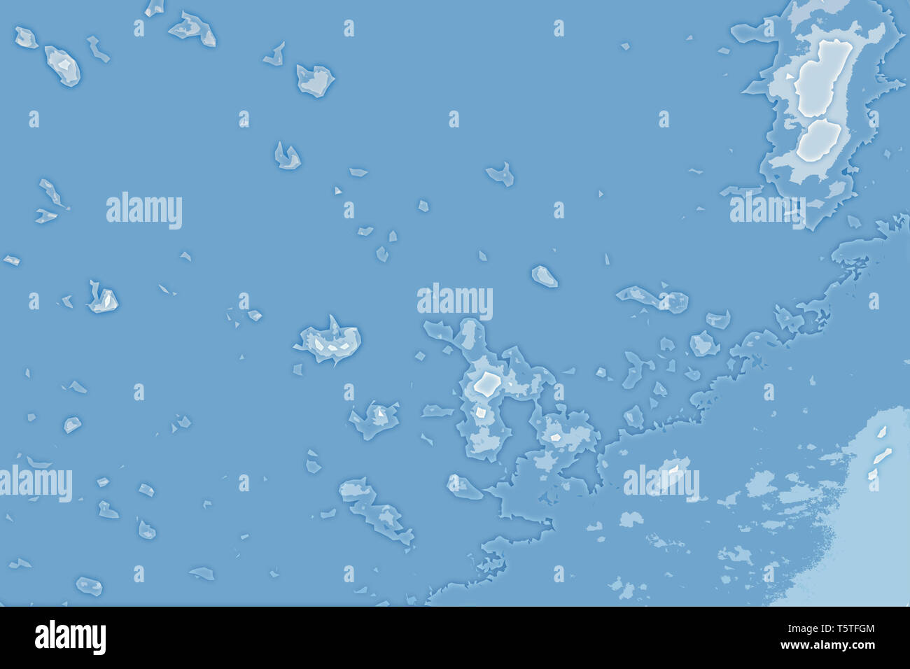 Weißen und Blauen Hintergrund Textur. Zusammenfassung Karte mit Nord Küste, Meer, Ozean, Eis, Berge, Wolken. Blick von der Höhe des Vogelflugs. Stockfoto