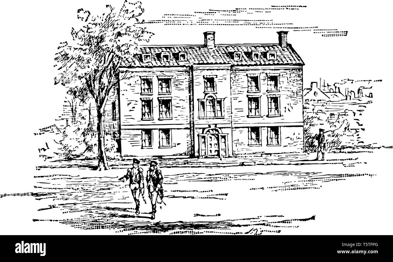 Washington's Hauptquartier in New York, im Jahre 1750, wo George Washington während des Amerikanischen Unabhängigkeitskrieges vintage Strichzeichnung lebte gebaut. Stock Vektor