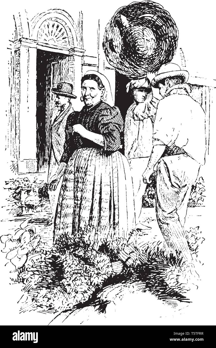 Ein Mann, der Gemüse und Obst auf dem Kopf, eine andere Frau und Männer, die bei ihm standen, vintage Strichzeichnung oder Gravur Abbildung Stock Vektor