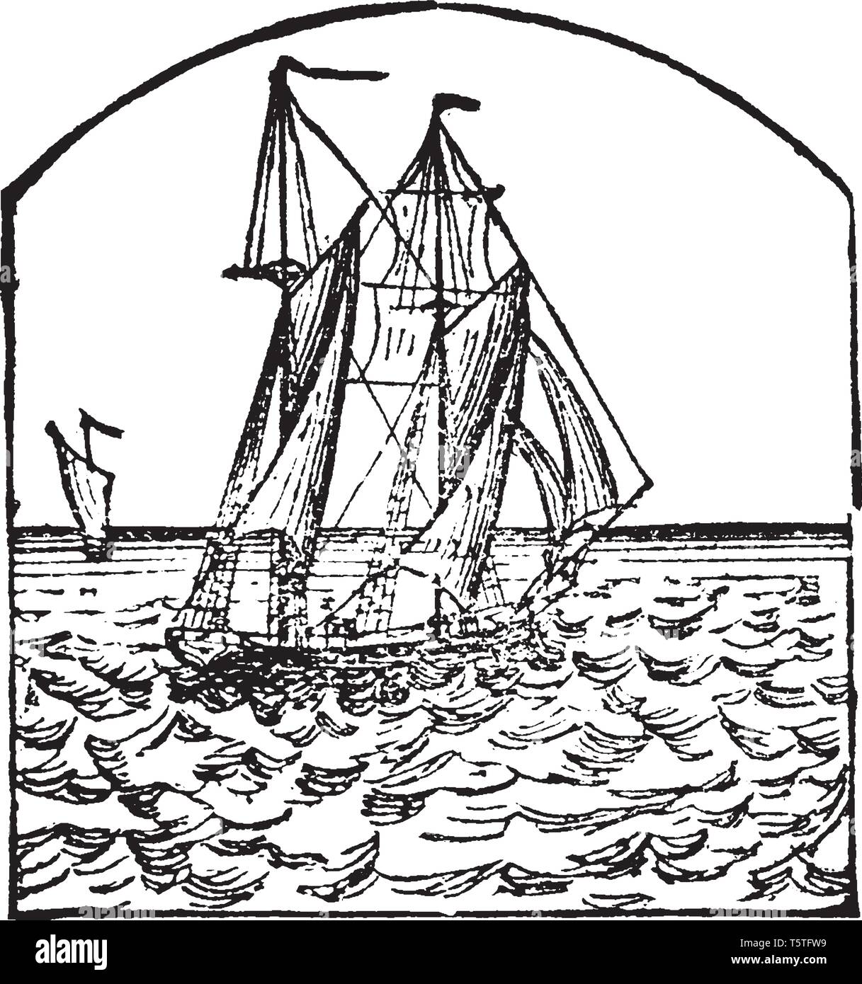 Schoner ist eine kleine scharfe gebaute Schiff in der Regel mit zwei Masten mit Vorwärts- und Rückwärtseinstellung Segel, vintage Strichzeichnung oder Gravur Abbildung. Stock Vektor