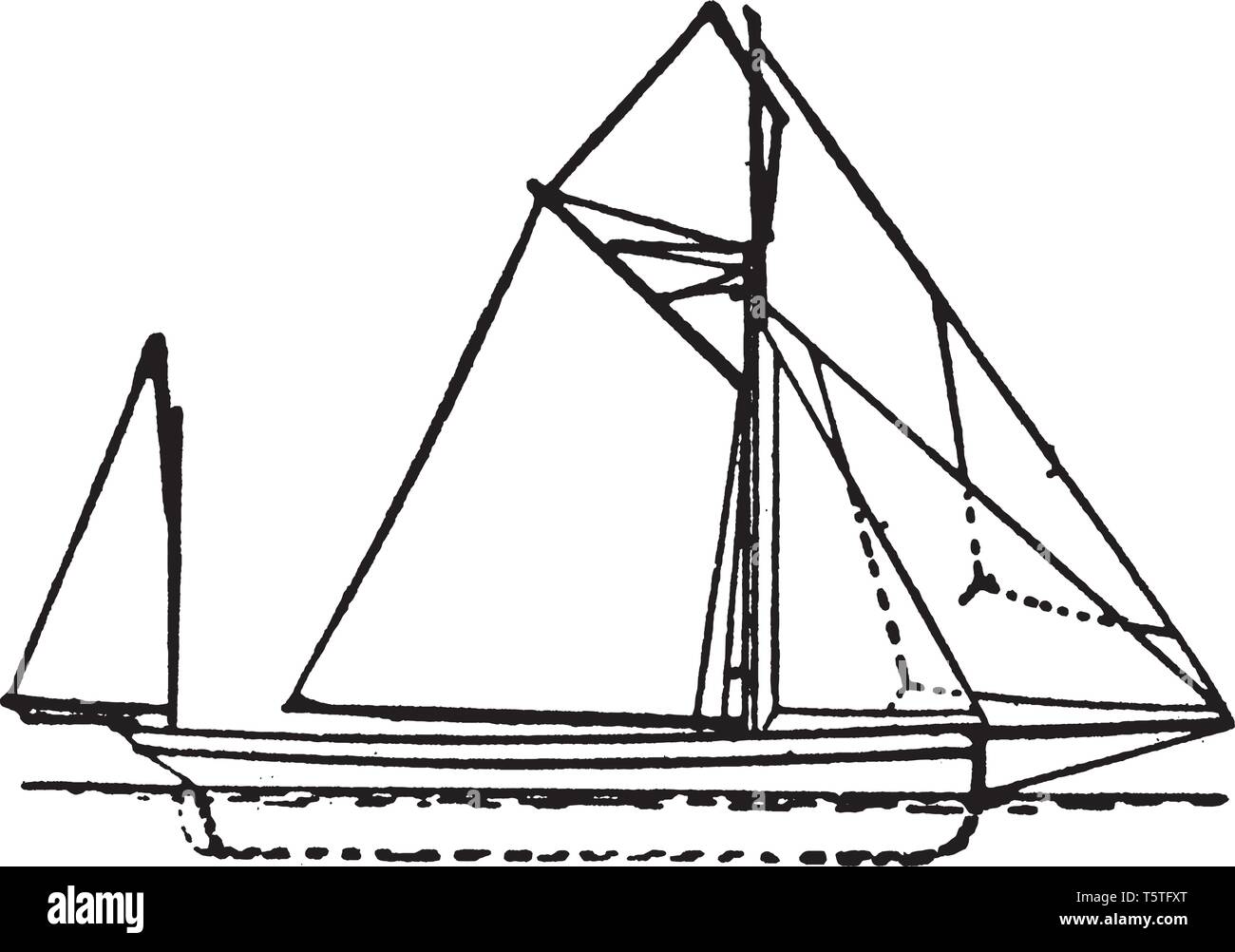 Yawl ist ein zwei dreimaster segeln Handwerk ähnlich einer Slup oder Kutter, aber mit einem zusätzlichen mizzenmast Gut nachdem der Hauptmast entfernt, Vintage Linie zeichnen Stock Vektor