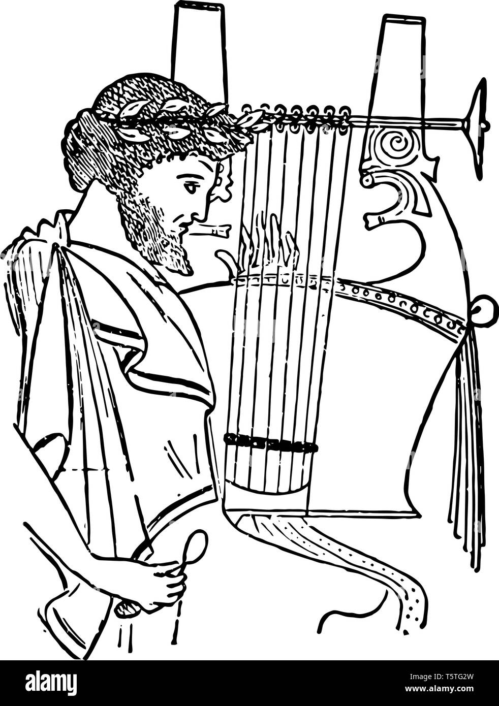 Römische Kithara ist ein siebensaitigen Leier mit einer tiefen Holz- klingende, vintage Strichzeichnung oder Gravur Abbildung. Stock Vektor