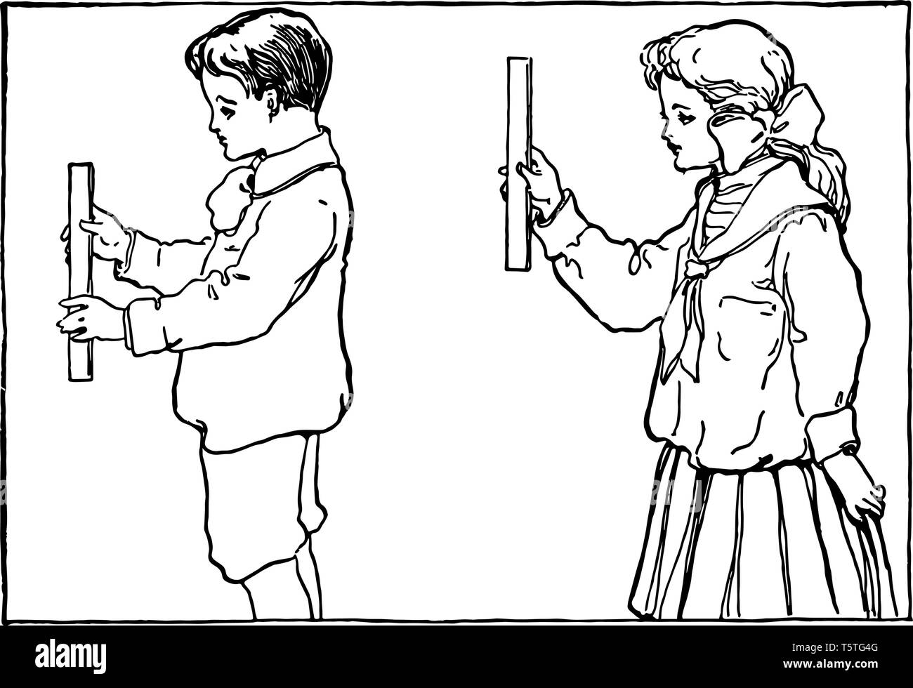 Dieses Bild zeigt zwei Kinder mit einem Lineal, vintage Strichzeichnung oder Gravur Abbildung. Stock Vektor