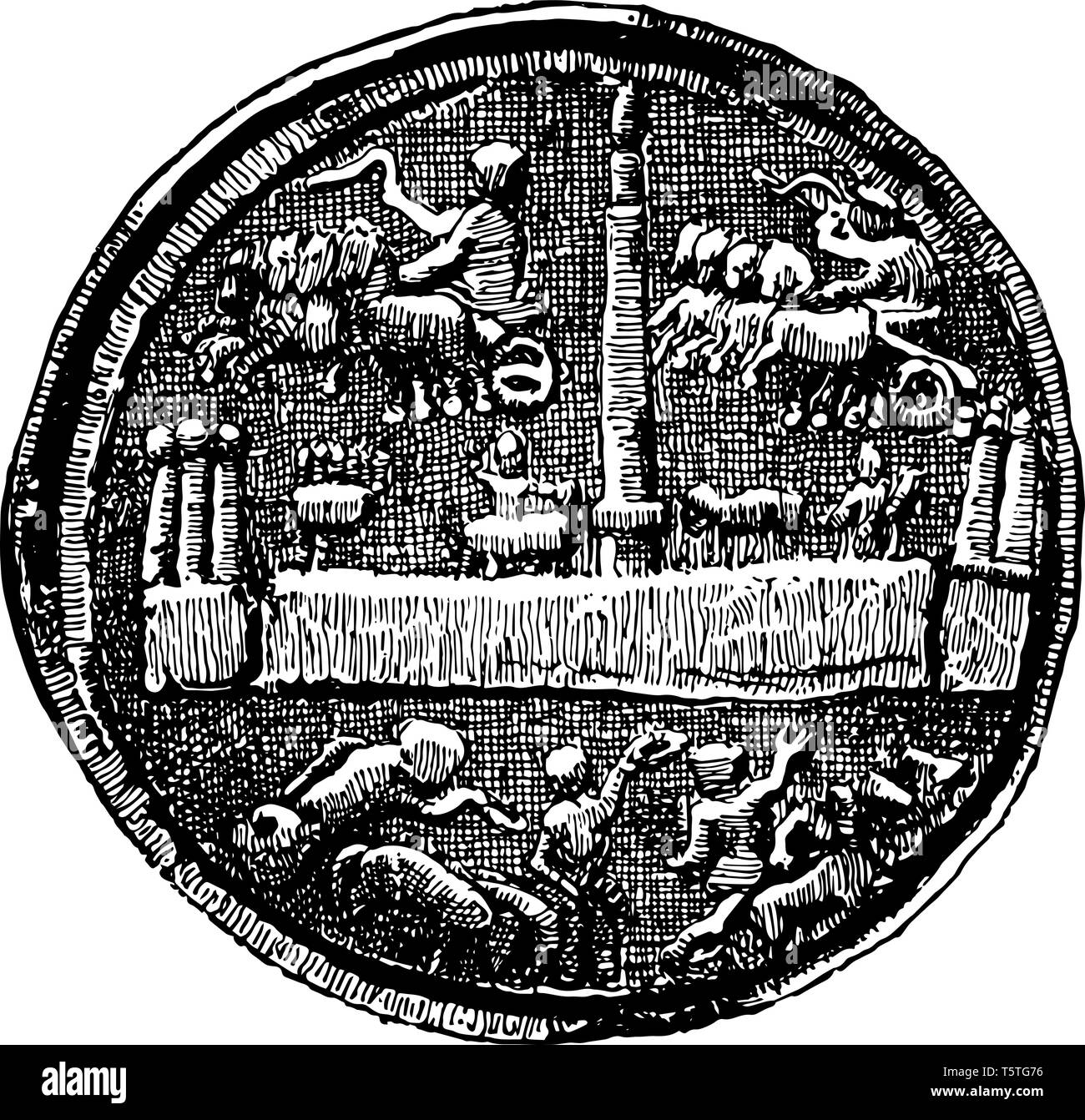 Die eine Seite der Medaille, Menschen, Autos, vintage Strichzeichnung oder Gravur Abbildung. Stock Vektor