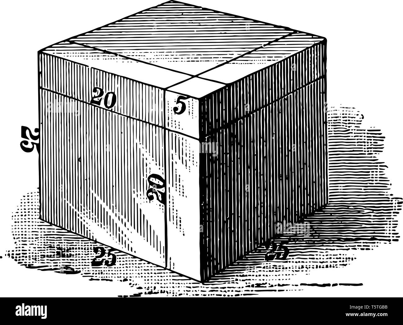 Dies ist die endgültige Form der ursprünglichen Cube von 20 x 20 x 20 Zoll oder 8000 Kubikzoll mit dem Zusatz von 7625 Kubikzoll, wodurch es eine 25 x 25 x 25 Stock Vektor