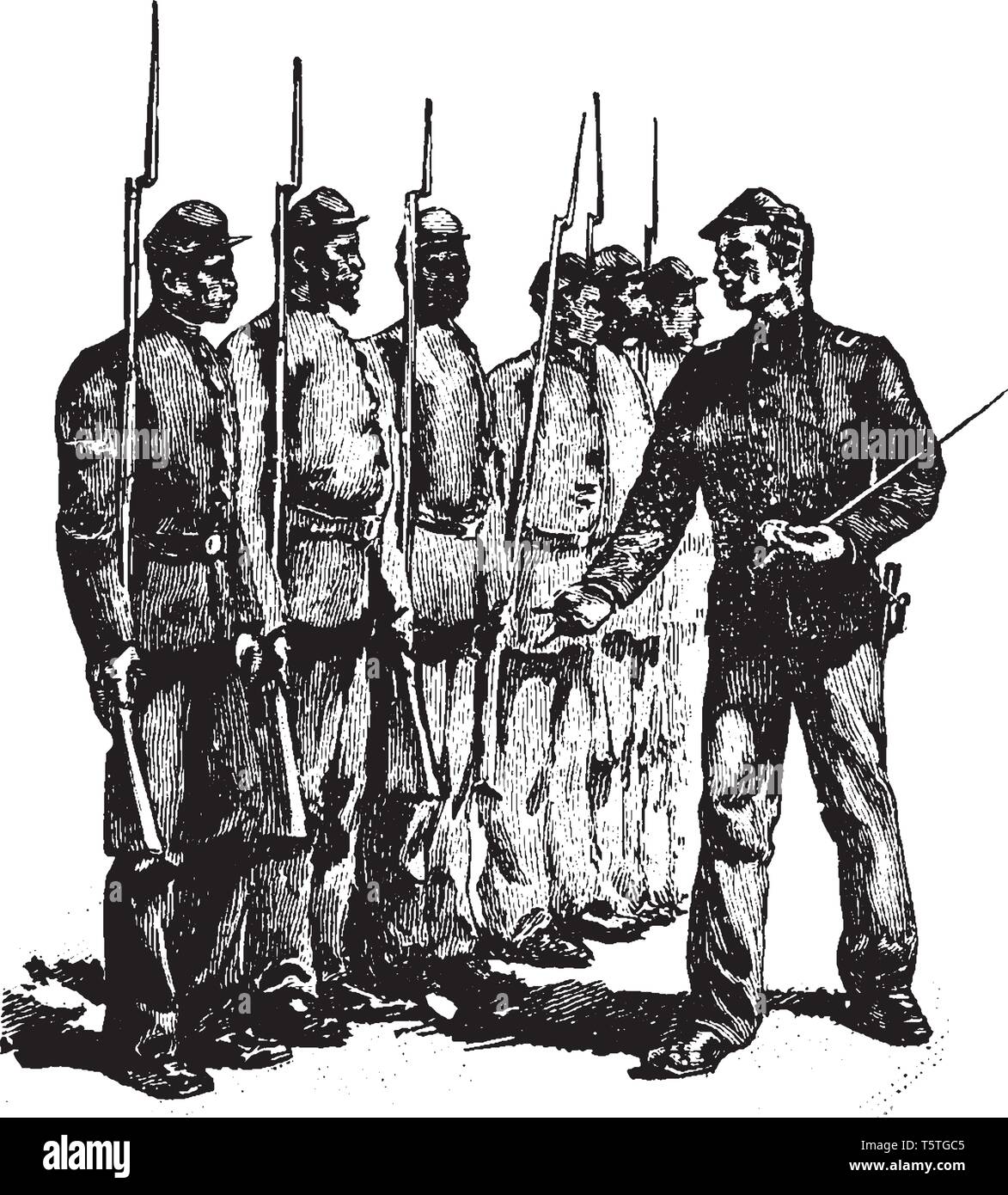 Afrikanische amerikanische Soldaten stehen in der Linie mit Commander, vintage Strichzeichnung oder Gravur Abbildung Stock Vektor