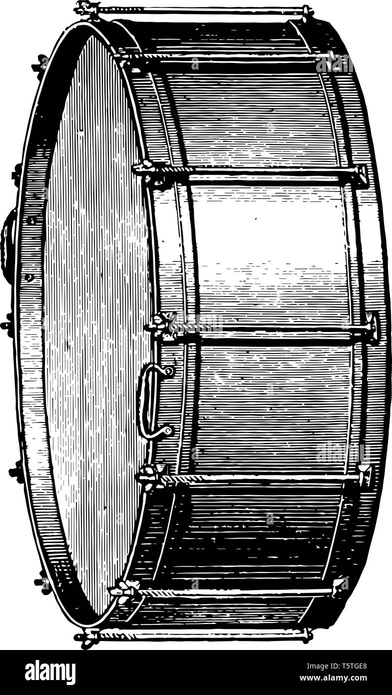 Bass Drum mit einer gepolsterten stick Struck, vintage Strichzeichnung oder Gravur Abbildung. Stock Vektor