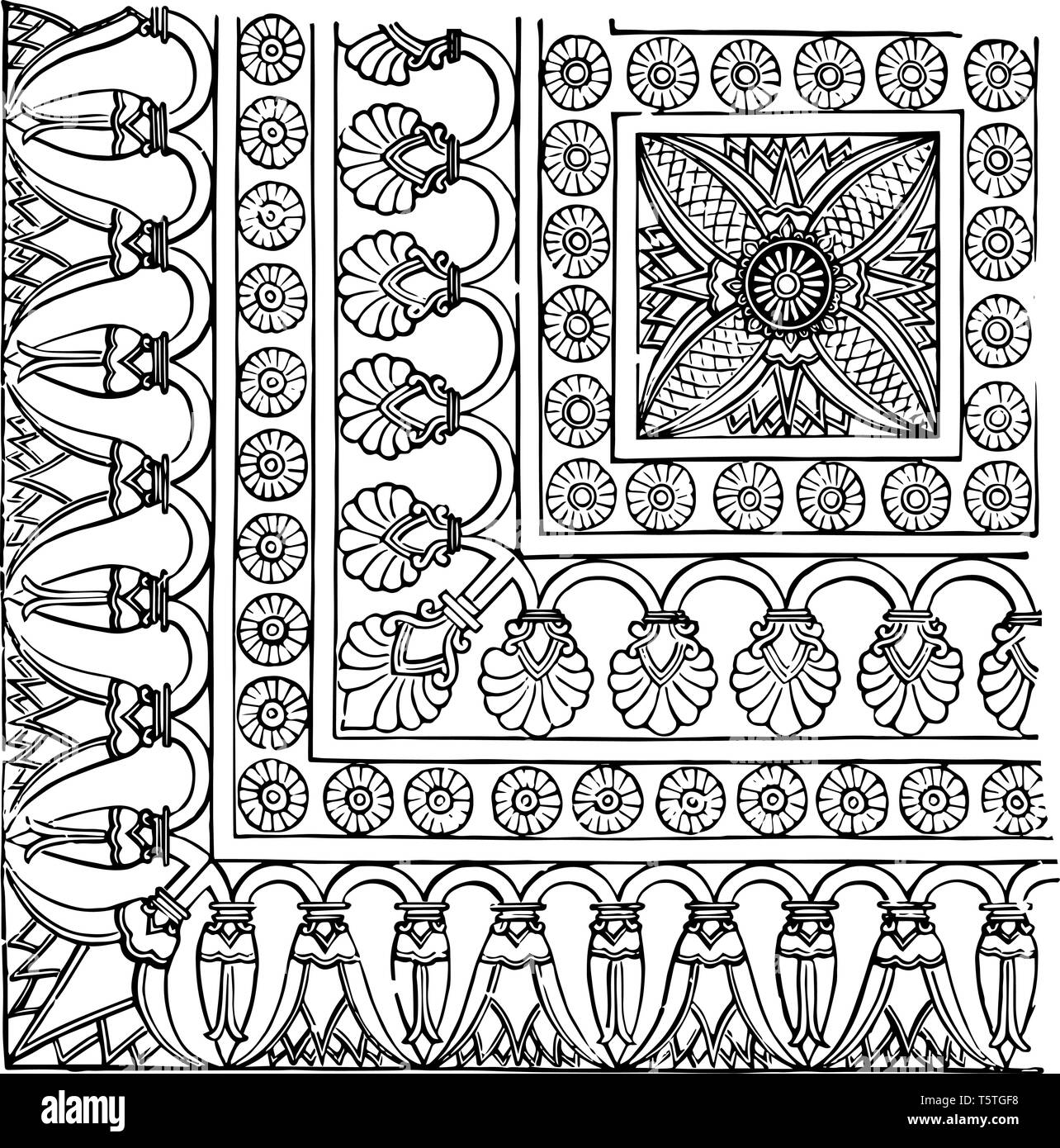 Holzstich von Dekoration eines Bogens der Assyrischen Portal, Dekoration einer Tür Bogen des Palastes der Norden, Ninive, vintage Strichzeichnung oder Stock Vektor