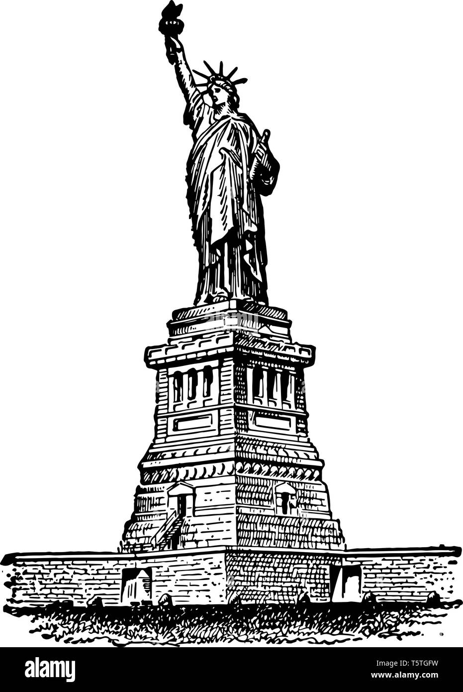 Die Freiheitsstatue ist eine kupferne Statue auf Liberty Island, New York Harbor, New York City, USA vintage Strichzeichnung. Stock Vektor
