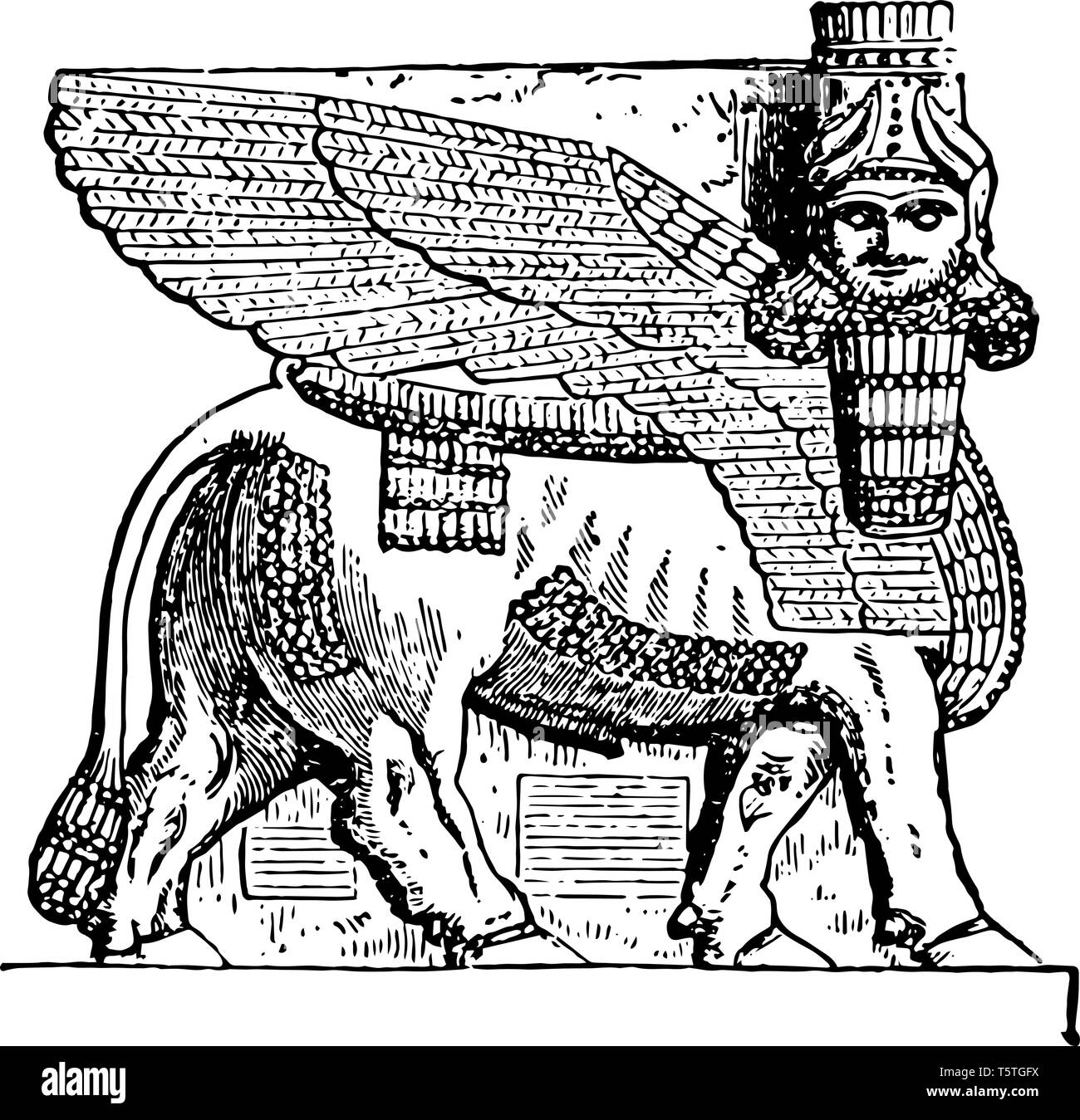 Das Bild zeigt die assyrischen Gott Ninip. Es sieht von Mensch und Tier ist der Gott von Assyrien, ein altes Land Asiens, vintage Strichzeichnung oder Gravur Lllustrat Stock Vektor