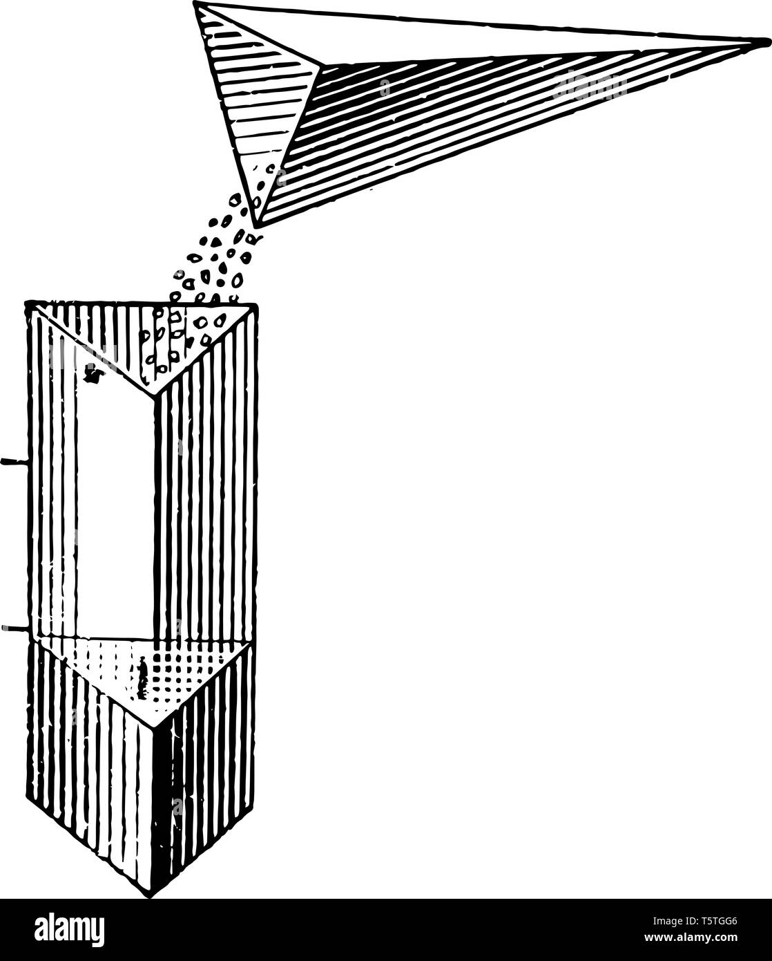 Bild zeigt die Einheiten verwendet, um das Volumen einer Pyramide und einem Prisma durch Entleerung Sand aus der Pyramide in die Prism zu vergleichen, vintage Strichzeichnung oder e Stock Vektor