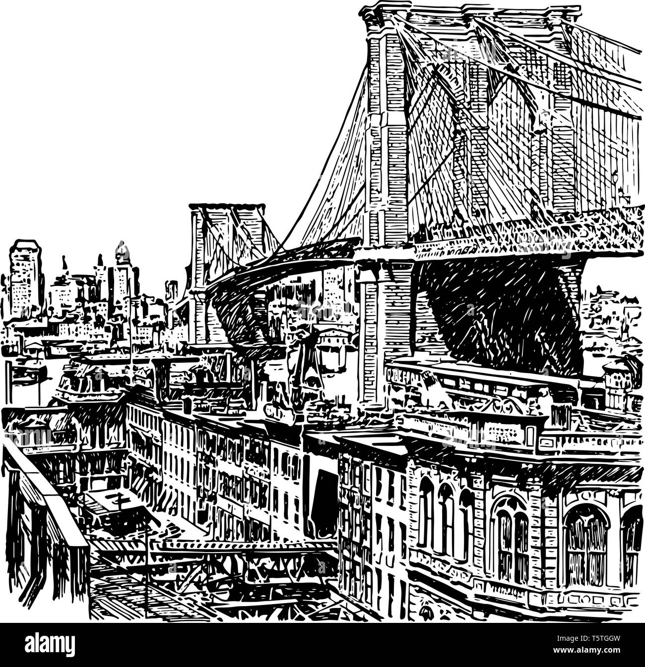 Die Brooklyn Bridge ist 125 Jahre alt wunderbare Funktion von New York City verbindet zwei Ufer des Manhatan und Brooklyn vintage Strichzeichnung. Stock Vektor
