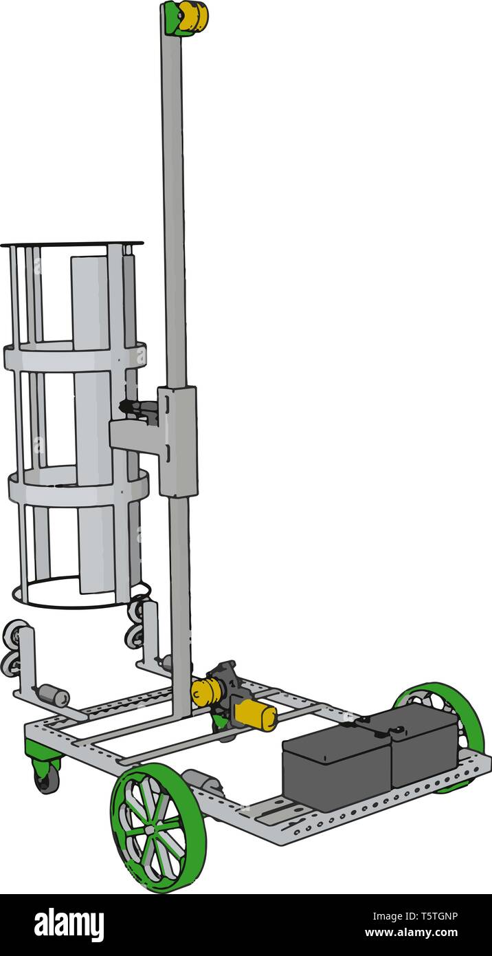 Einfache Warenkorb Aufzugsbau Fahrzeug mit grünen Räder Vector Illustration auf weißem Hintergrund Stock Vektor