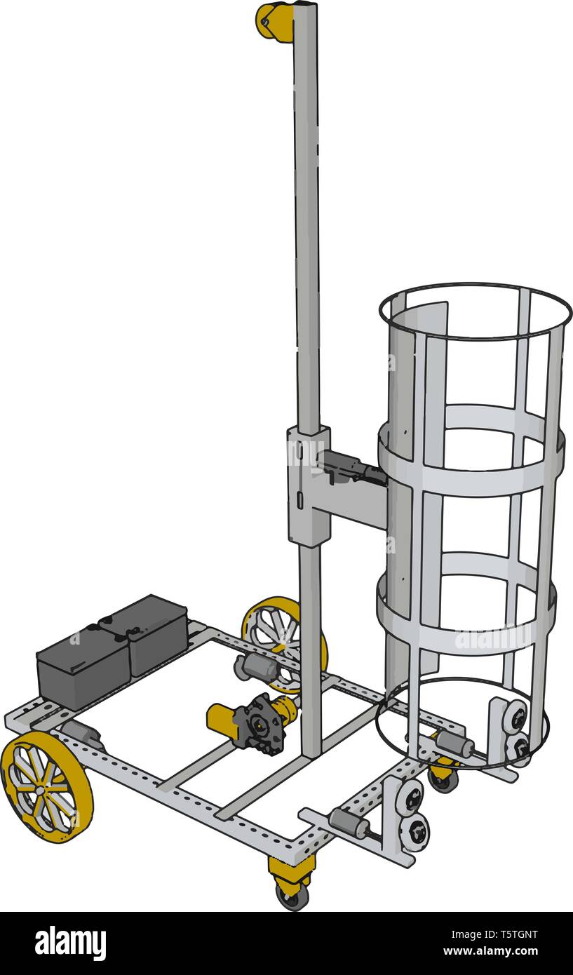 Einfache Warenkorb Aufzugsbau Fahrzeug mit gelben Räder Vector Illustration auf weißem Hintergrund Stock Vektor