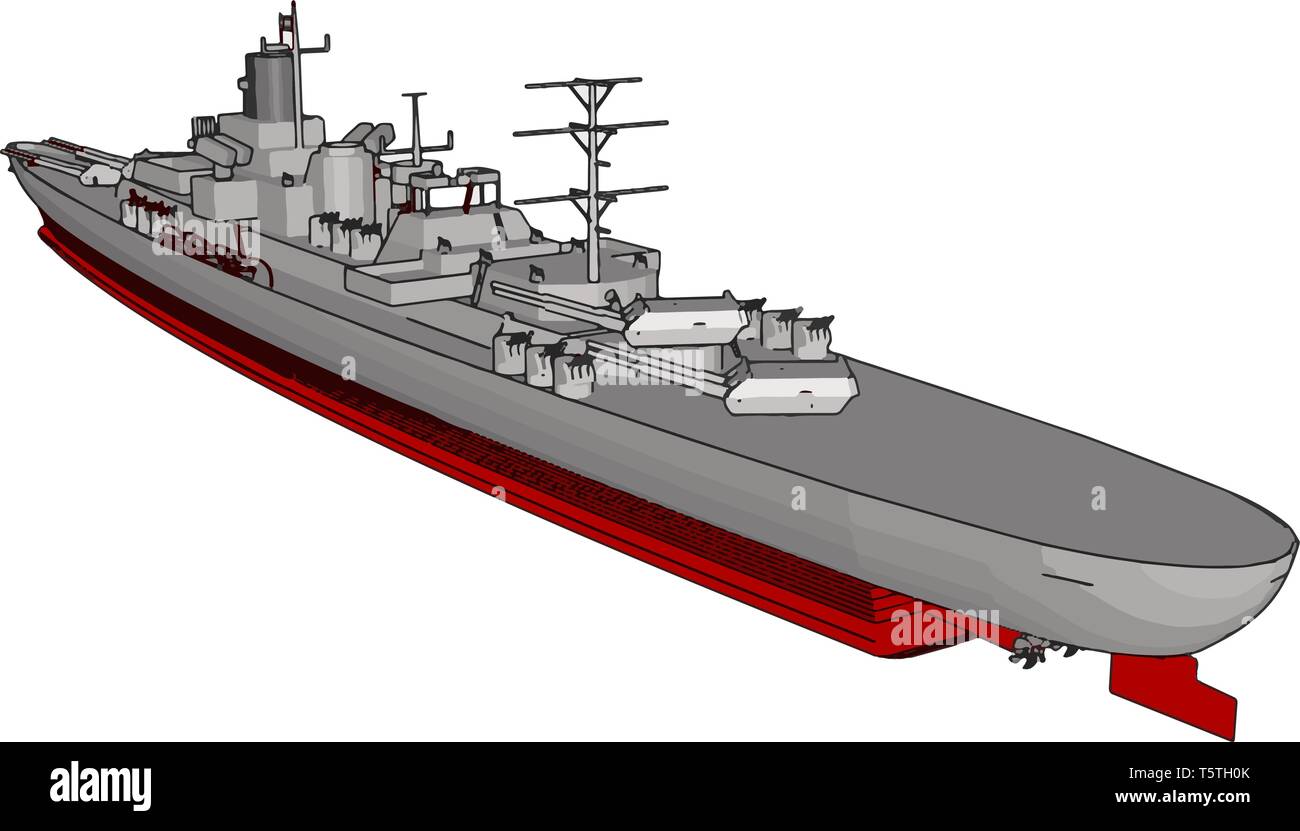 3D-Vektor Illustration eines langen roten und grauen militärischen Krieg Schiff auf weißem Hintergrund Stock Vektor