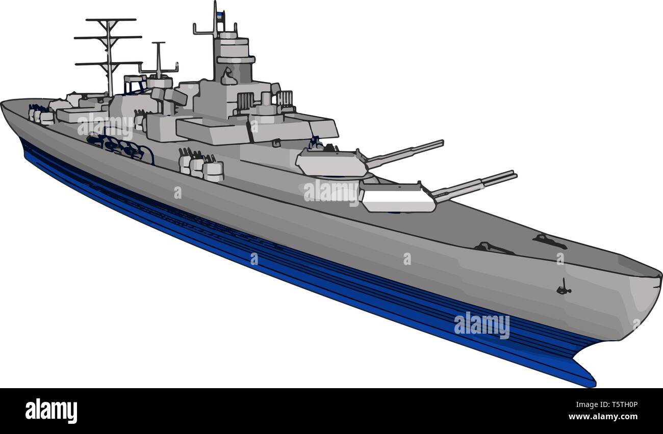3D-Vektor Abbildung auf einem weißen Hintergrund einer langen grauen und blauen Krieg Militär Schiff Stock Vektor