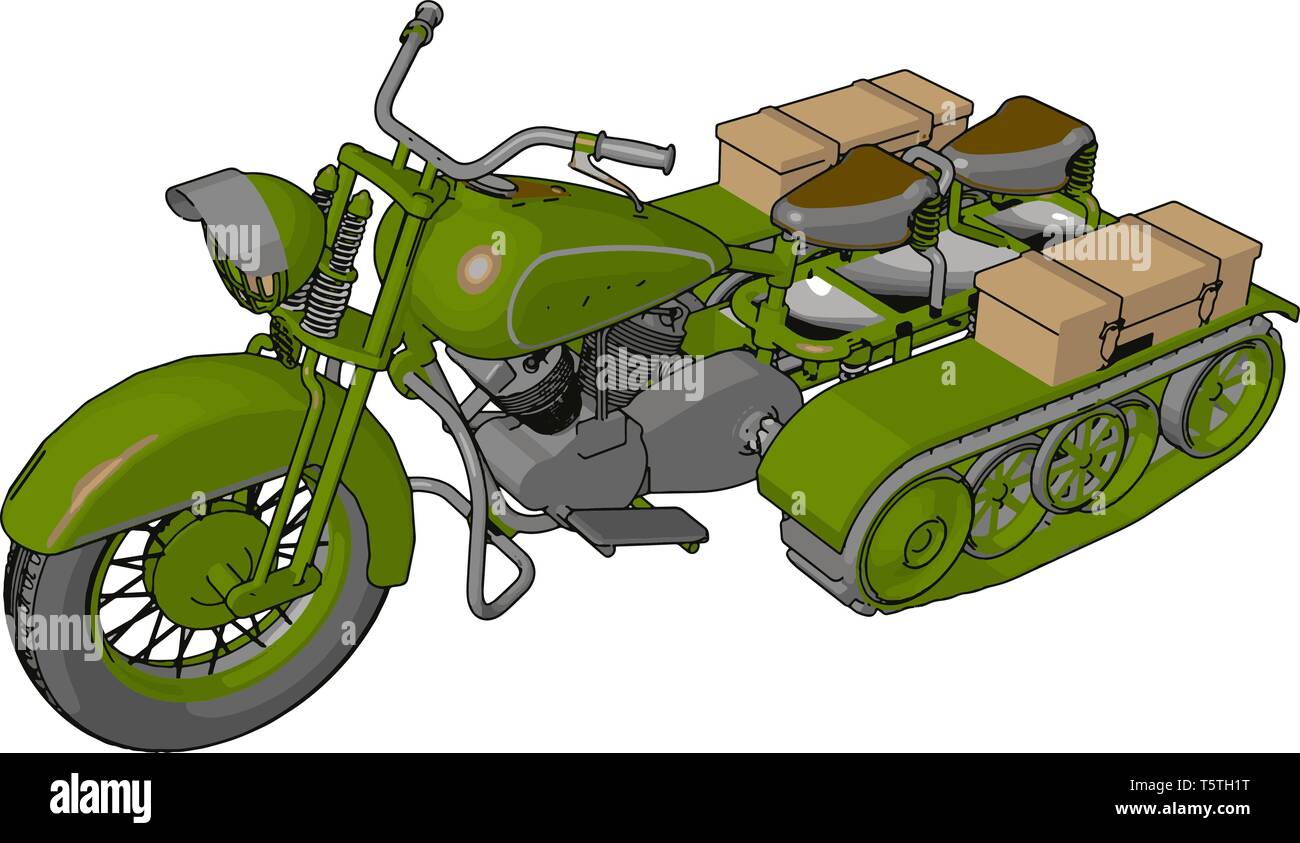 3D-Vektor Illustration auf weißem Hintergrund eines militärischen Motorrad mit Caterpillar tracks Stock Vektor