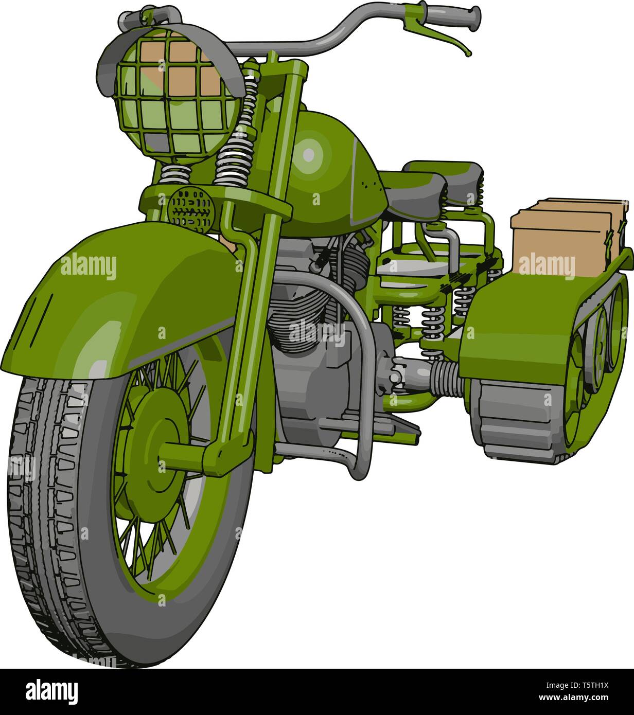 3D-Vektor Illustration auf weißem Hintergrund eines militärischen Motorrad mit Caterpillar tracks Stock Vektor