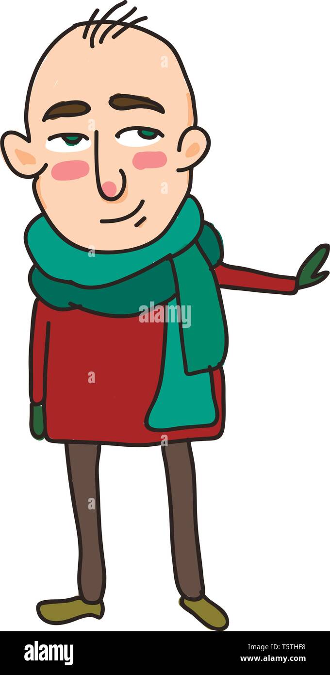 Eine Karikatur der glatzköpfige Mann seine linke Hand vector Farbe, Zeichnung oder Abbildung winken Stock Vektor