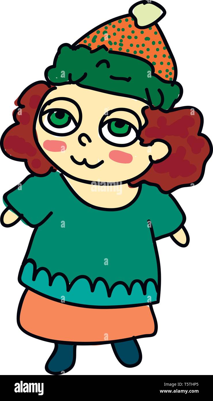 Ein Mädchen mit einem Rock gemusterten t-shirt und ein Puff Ball hat Vector Farbe, Zeichnung oder Abbildung Stock Vektor