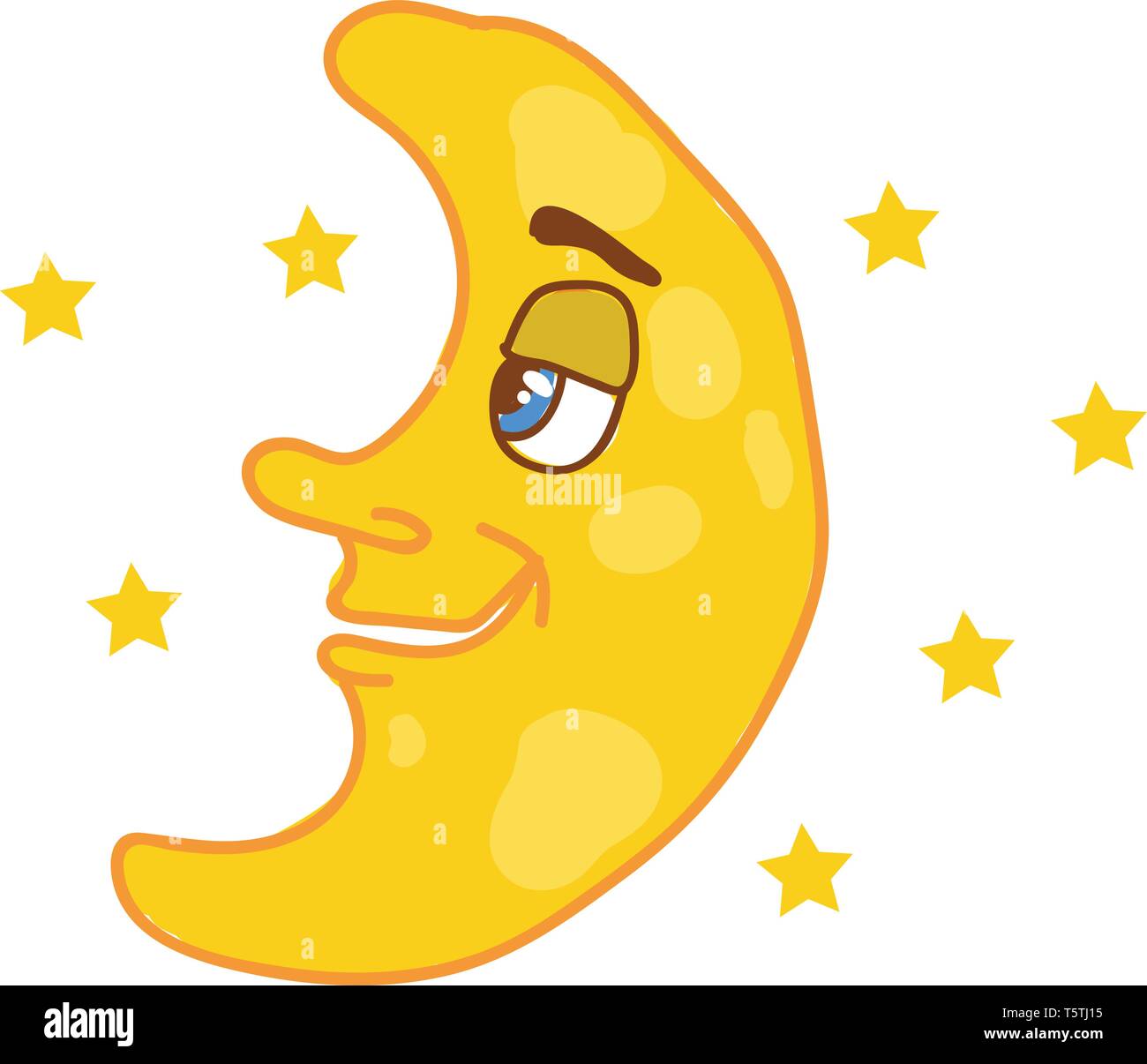 Ein Bild von einem Halbmond mit blauen Augen auf die Sterne um es Vektor Farbe, Zeichnung oder Abbildung: Suchen Stock Vektor