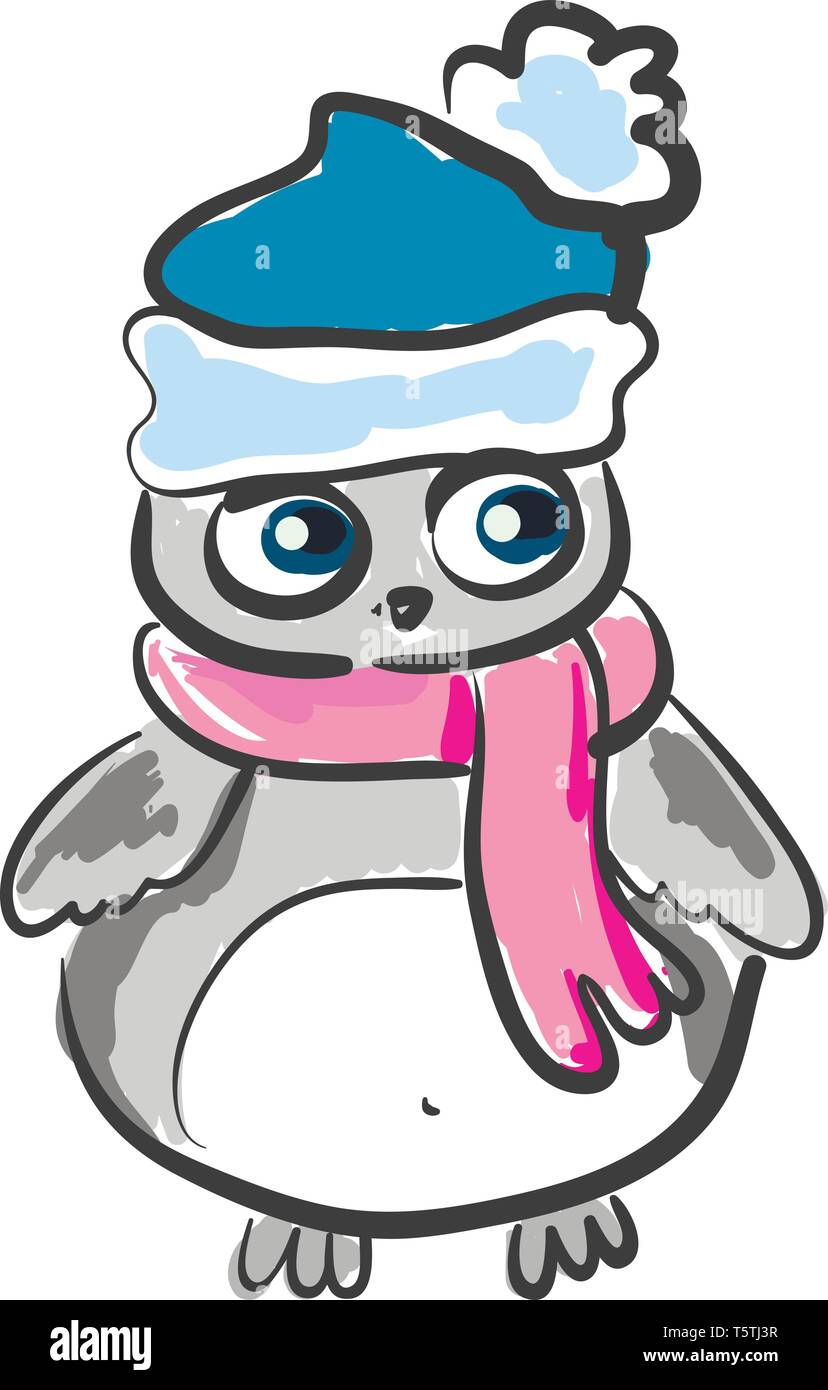 Eine graue Eule mit großen Magen trägt einen rosa Schal und eine blaue Stocking cap vector Farbe, Zeichnung oder Abbildung Stock Vektor