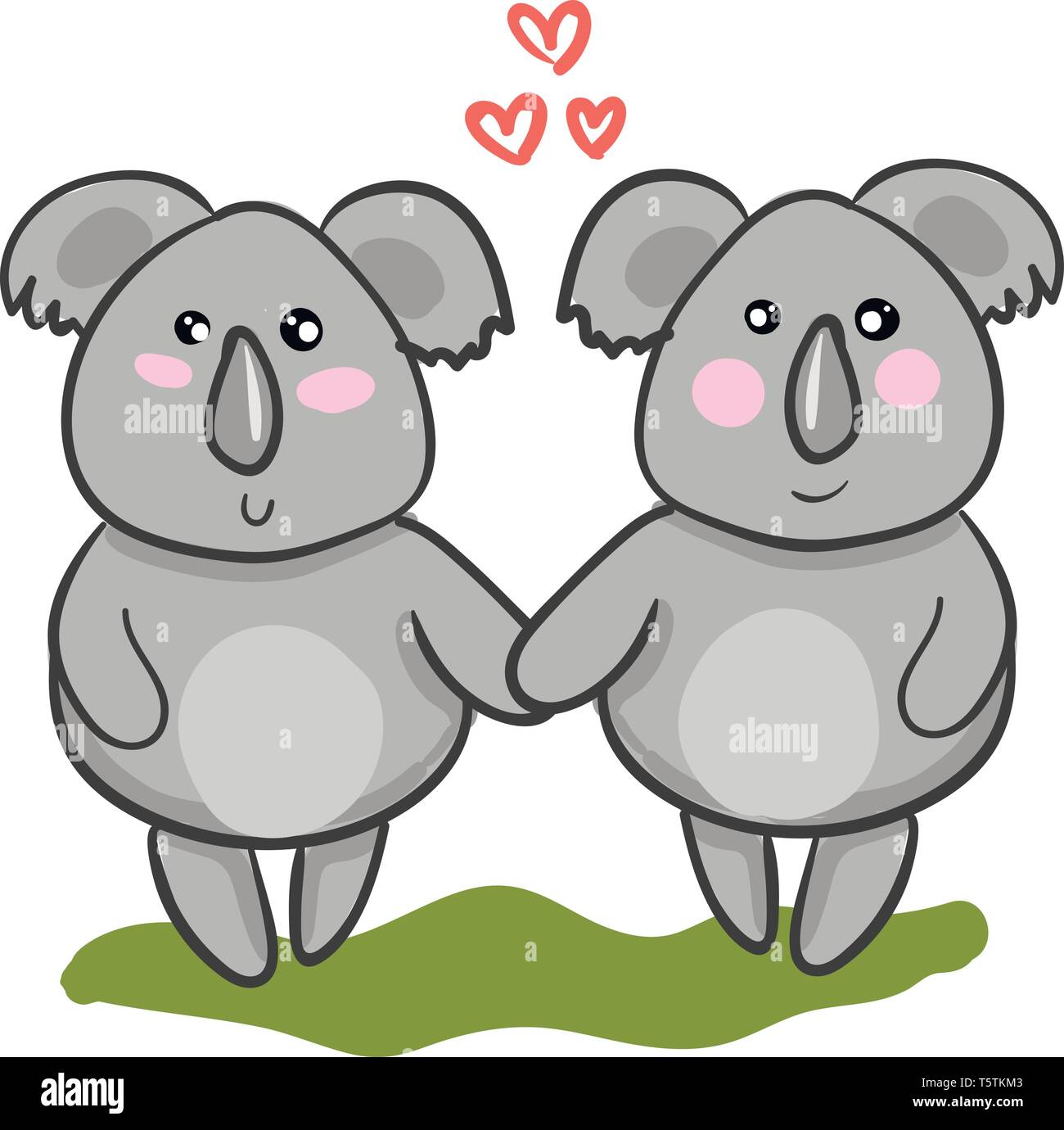 Zwei Karikaturen Koalas, Hände halten, wie Sie in einer grünen Wiese stehen, symbolisiert Liebe vector Farbe, Zeichnung oder Abbildung Stock Vektor