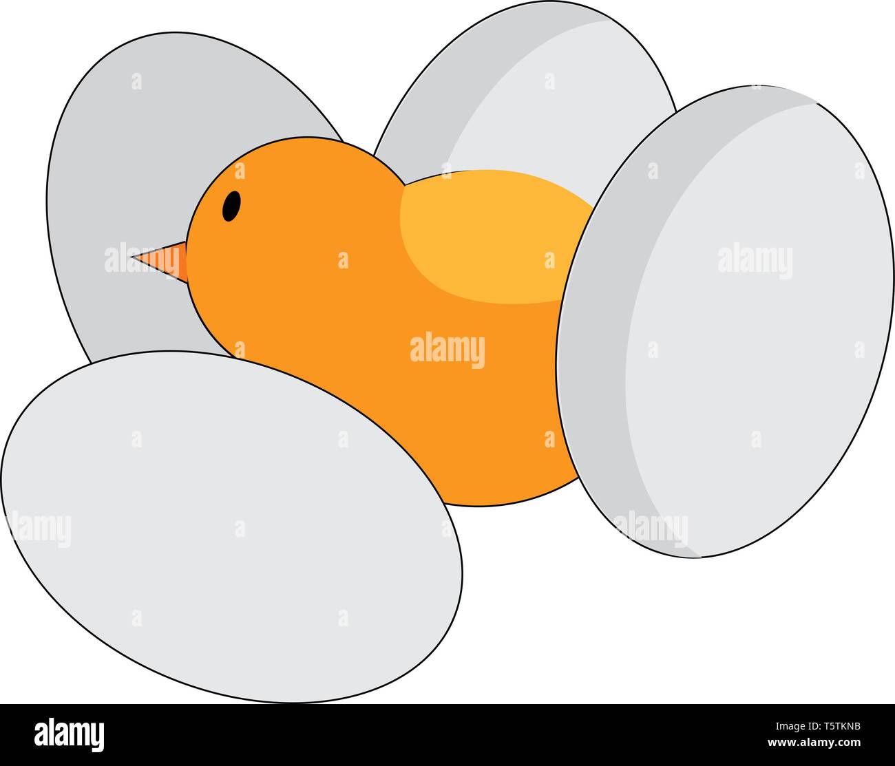 Eine kleine gelbe Küken inmitten von vier Eier besitzt eine dreieckige, orange Schnabel vector Farbe, Zeichnung oder Abbildung Stock Vektor