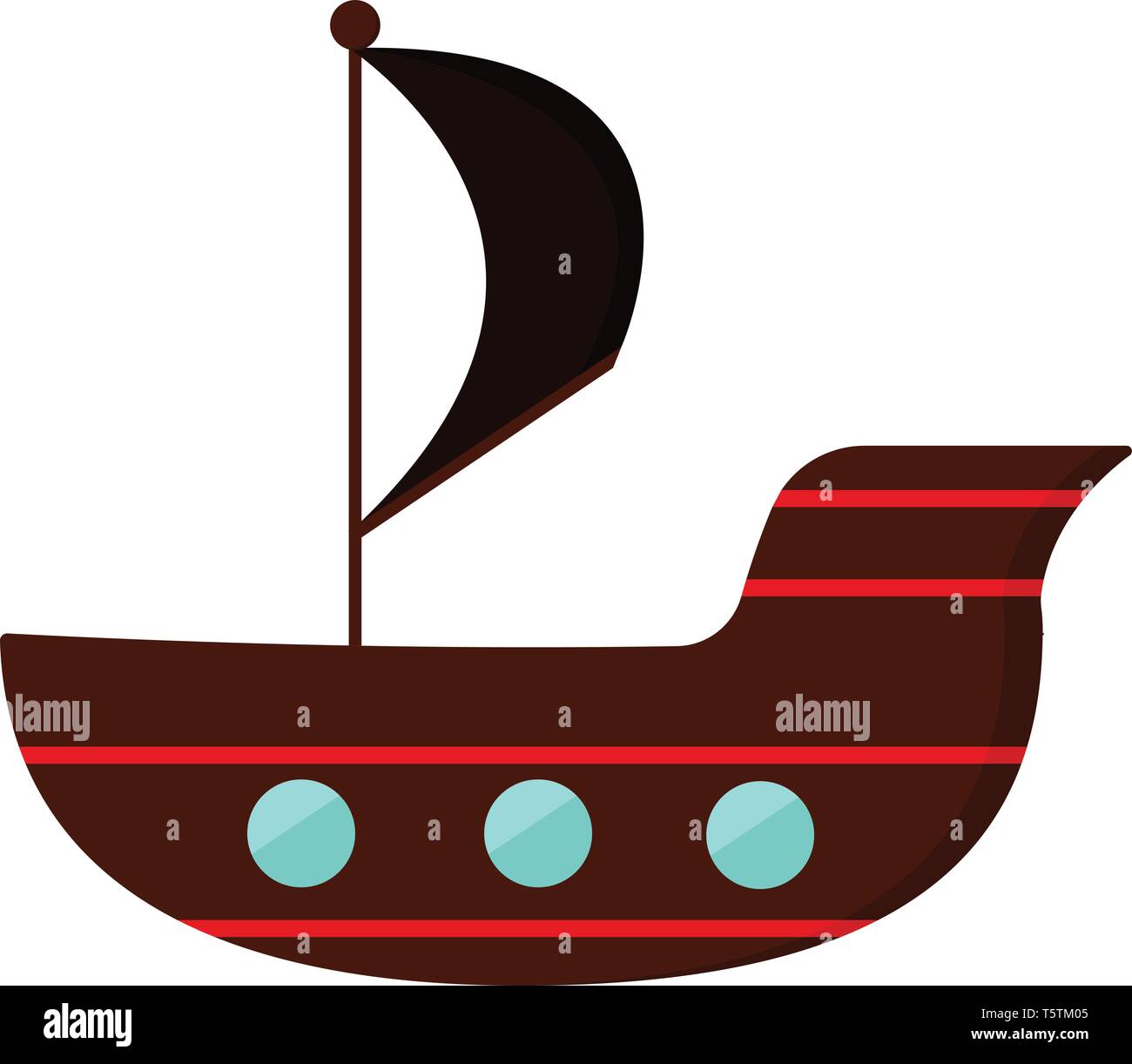 Clipart von einem Piratenschiff in braunen und roten Streifen Segel als schwarze Flagge gehisst vector Farbe, Zeichnung oder Abbildung Stock Vektor