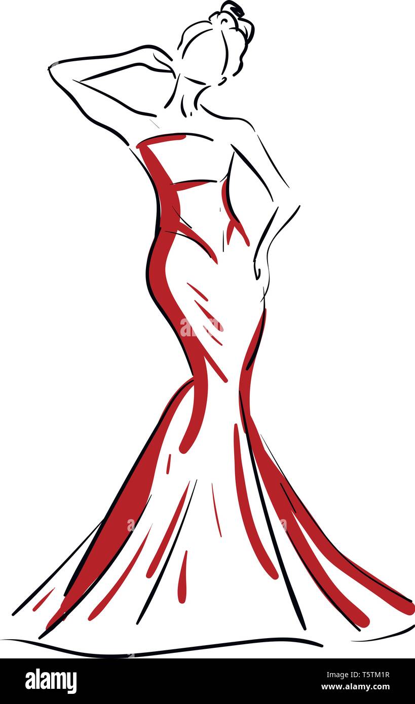 Eine Silhouette einer schönen Frau in rot gefärbten Maxi gibt eine Pose durch Anheben der rechten Hand in der Nähe ihrer Ohren vector Farbe, Zeichnung oder Abbildung Stock Vektor