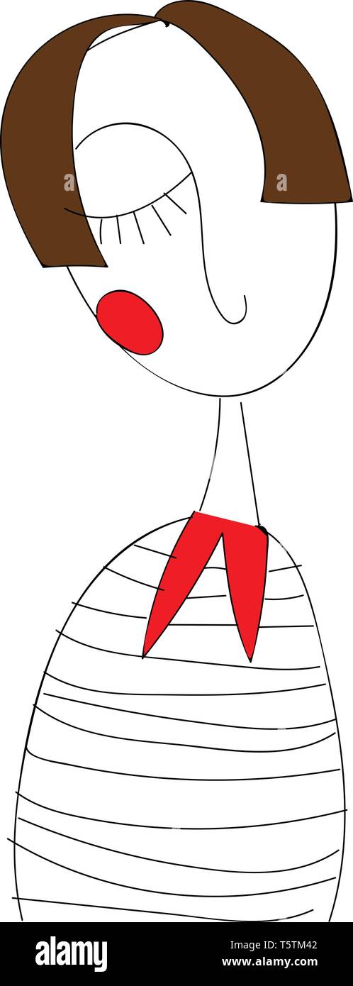 Die Kunst einer kurzhaarigen Mädchen in einem weißen T-Shirt mit roten Designs nahe an ihrem Hals ihre Augen geschlossen hat und faltete ihre Hände hinter sieht sa Stock Vektor Die Kunst einer kurzhaarigen Mädchen in einem weißen T-Shirt mit roten Designs nahe an ihrem Hals ihre Augen geschlossen hat und faltete ihre Hände hinter sieht sa Stock Vektor
