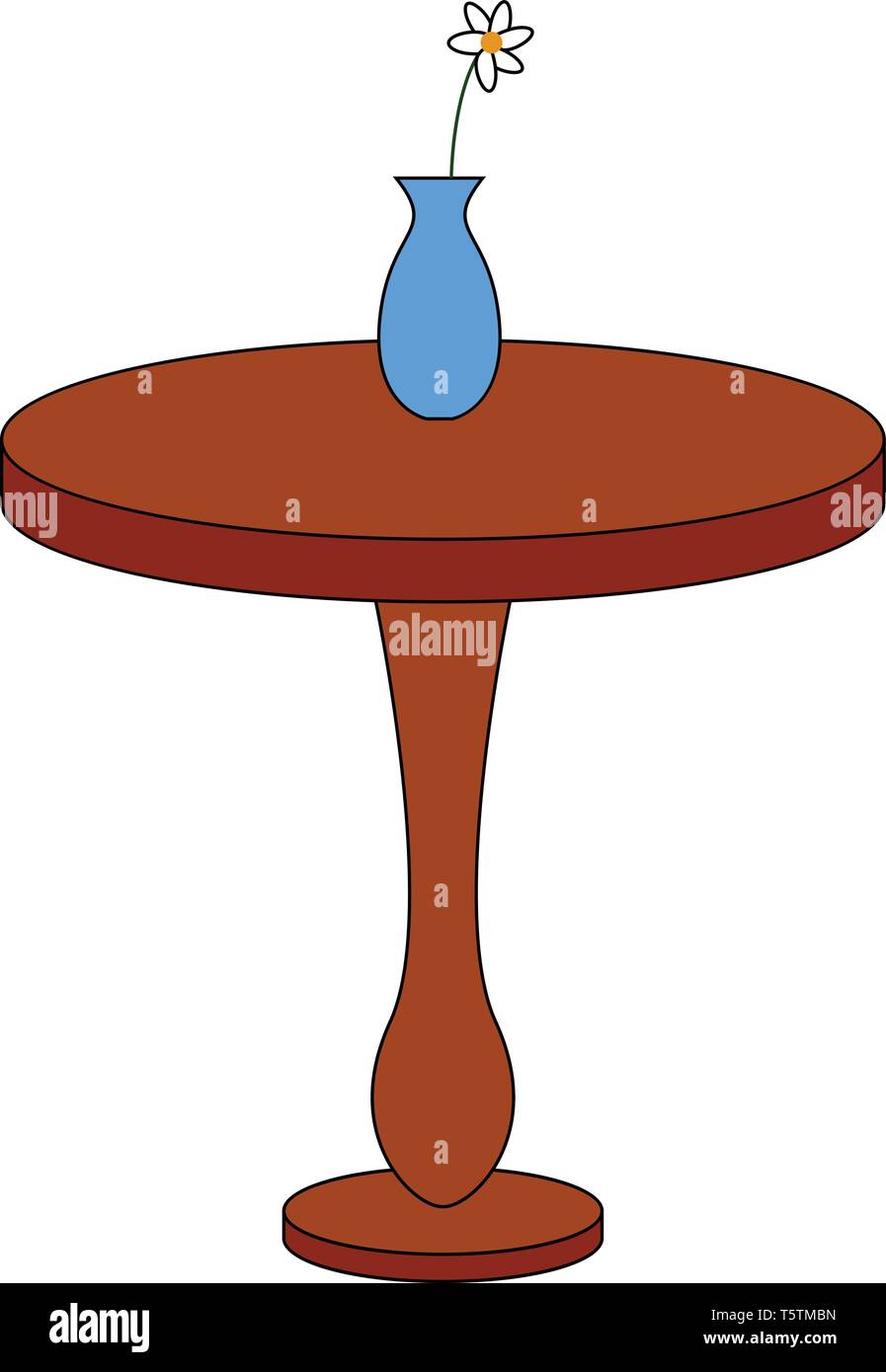 Einfache runden braunen Tisch mit einer weißen Blume in blau Vase auf Vector Illustration auf weißem Hintergrund Stock Vektor