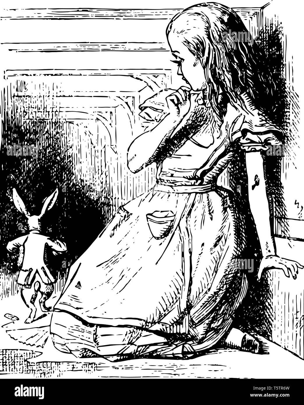 Alice Uhren das weiße Kaninchen laufen Weg diese Szene zeigt ein kleines Mädchen an weg laufen Kaninchen vintage Strichzeichnung oder Gravur Abbildung: Suchen Stock Vektor