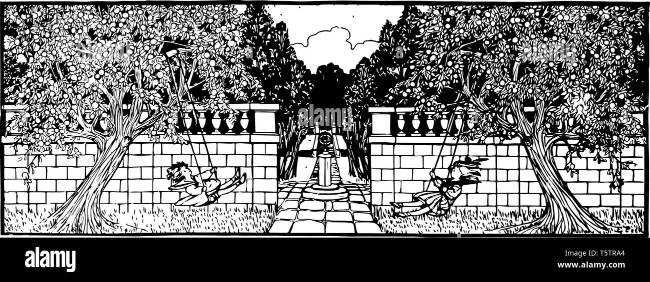 Garten Banner mit Mädchen auf Schaukel haben zwei Mädchen und Baum vintage Strichzeichnung oder Gravur Abbildung. Stock Vektor