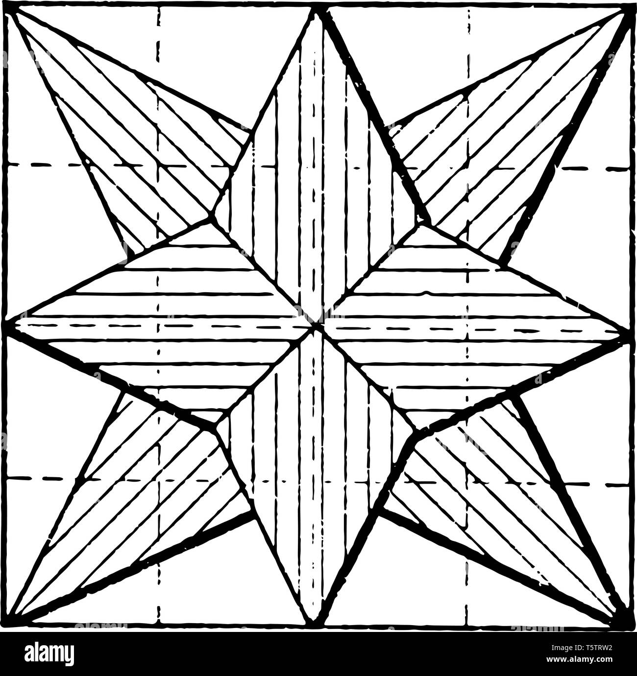 Bau Star mit fünfecken ist in einem fünfseitigen Form Quadrate, bei denen die beiden Seiten in der Länge vintage Strichzeichnung oder Gravur krank gleich sind unterteilt Stock Vektor