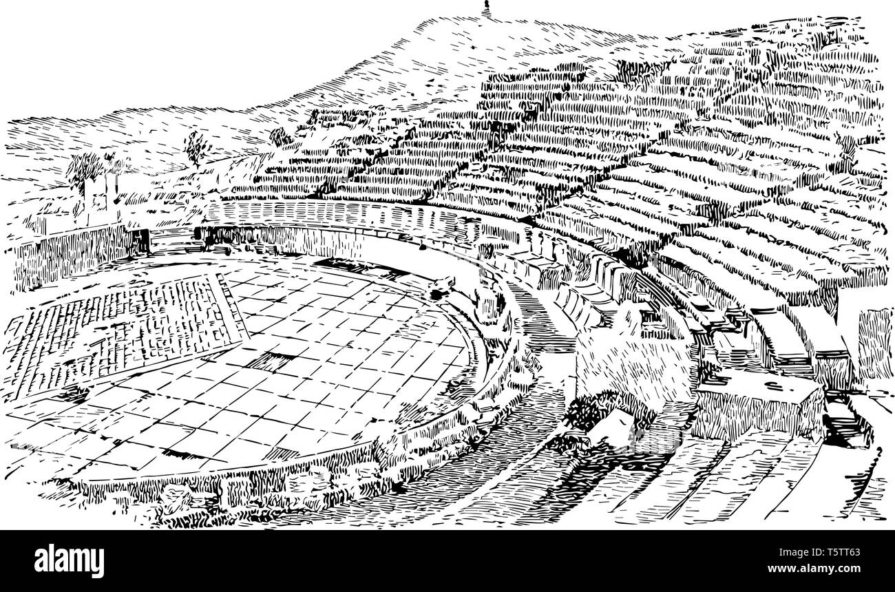 Theater des Dionysos eine der frühesten offen für Theater Eleuthereus ist einer der wichtigsten am Fuße der Athener Akropolis vintage Strichzeichnung Theater- oder Stock Vektor