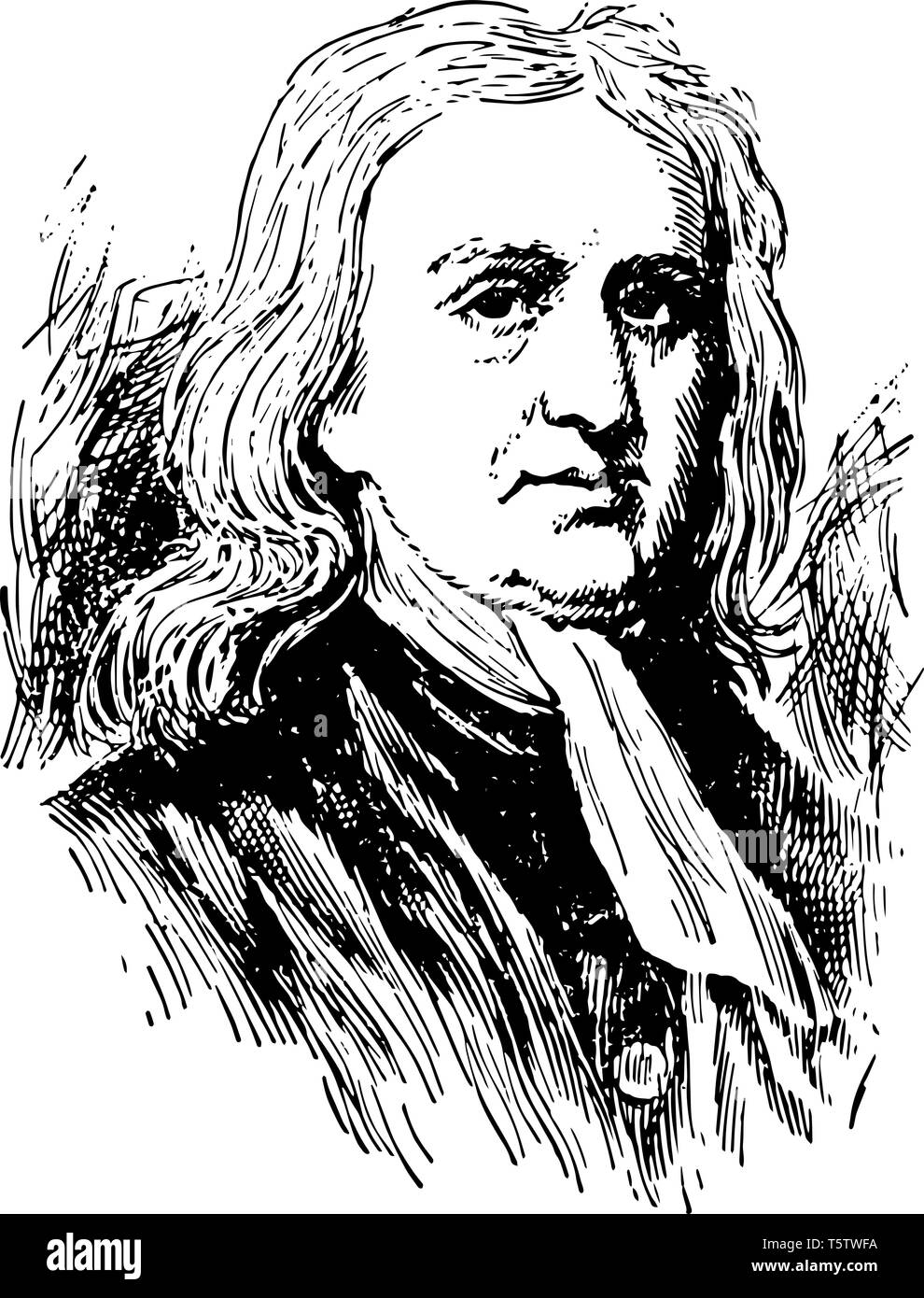 Sir Isaac Newton 1642 bis 1727 Er war ein englischer Mathematiker, Astronom und Physiker, die das Gesetz der Gravitation vintage Zeichnung entdeckt oder e Stock Vektor