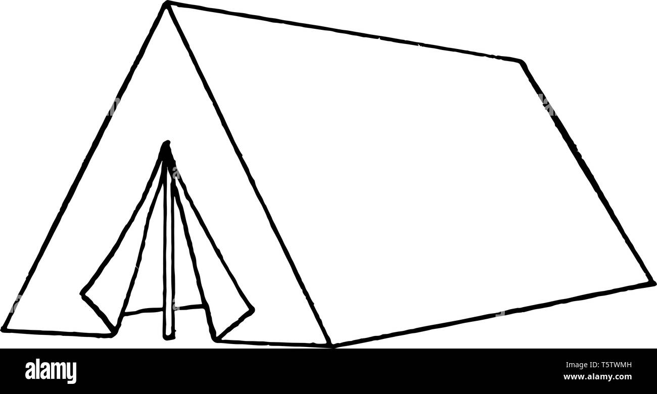 Dieses Bild sehen aus wie eine kleine Halterung Zelt & durch Bambus und Stoff. Es sieht aus wie Dreieck vintage Strichzeichnung oder Gravur Abbildung. Stock Vektor