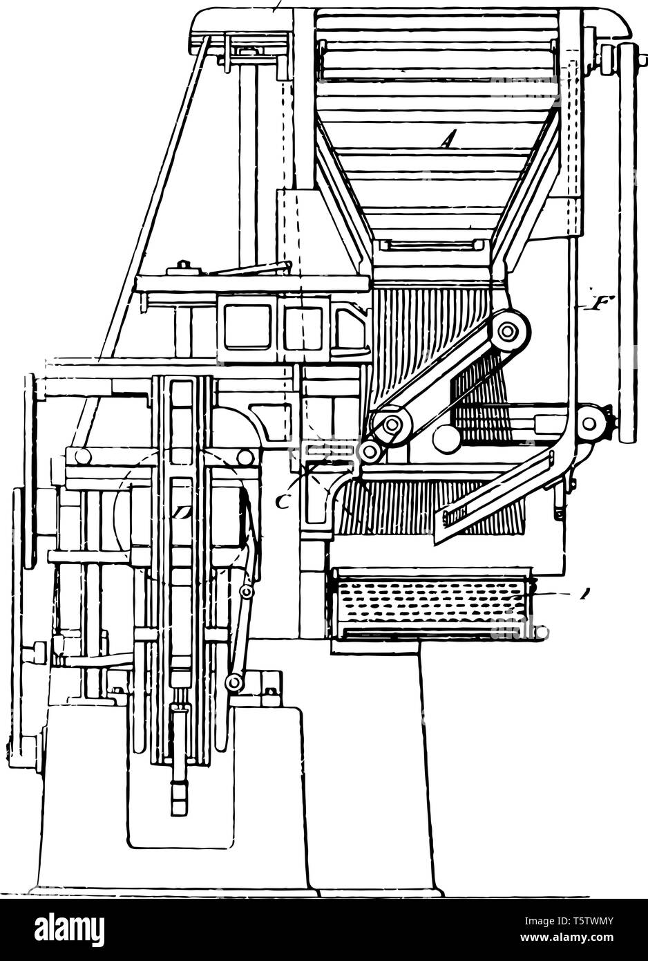 Diese Abbildung stellt Funktion Arbeit der frühen Modell Linotype Maschine vintage Strichzeichnung oder Gravur Abbildung. Stock Vektor