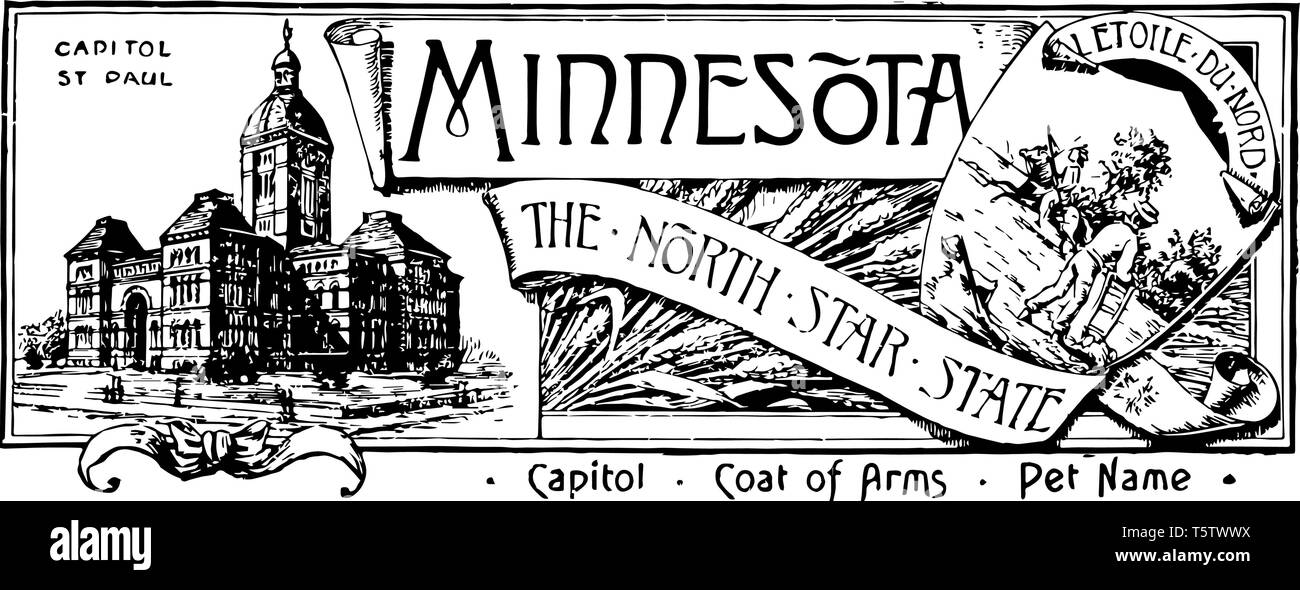 Der Staat Fahne von Minnesota die North Star State dieses Banner hat Zustand Haus auf der linken Seite auf der linken Seite zeigt die Abdeckung innerhalb dieser Bauern pflügen und o Stock Vektor