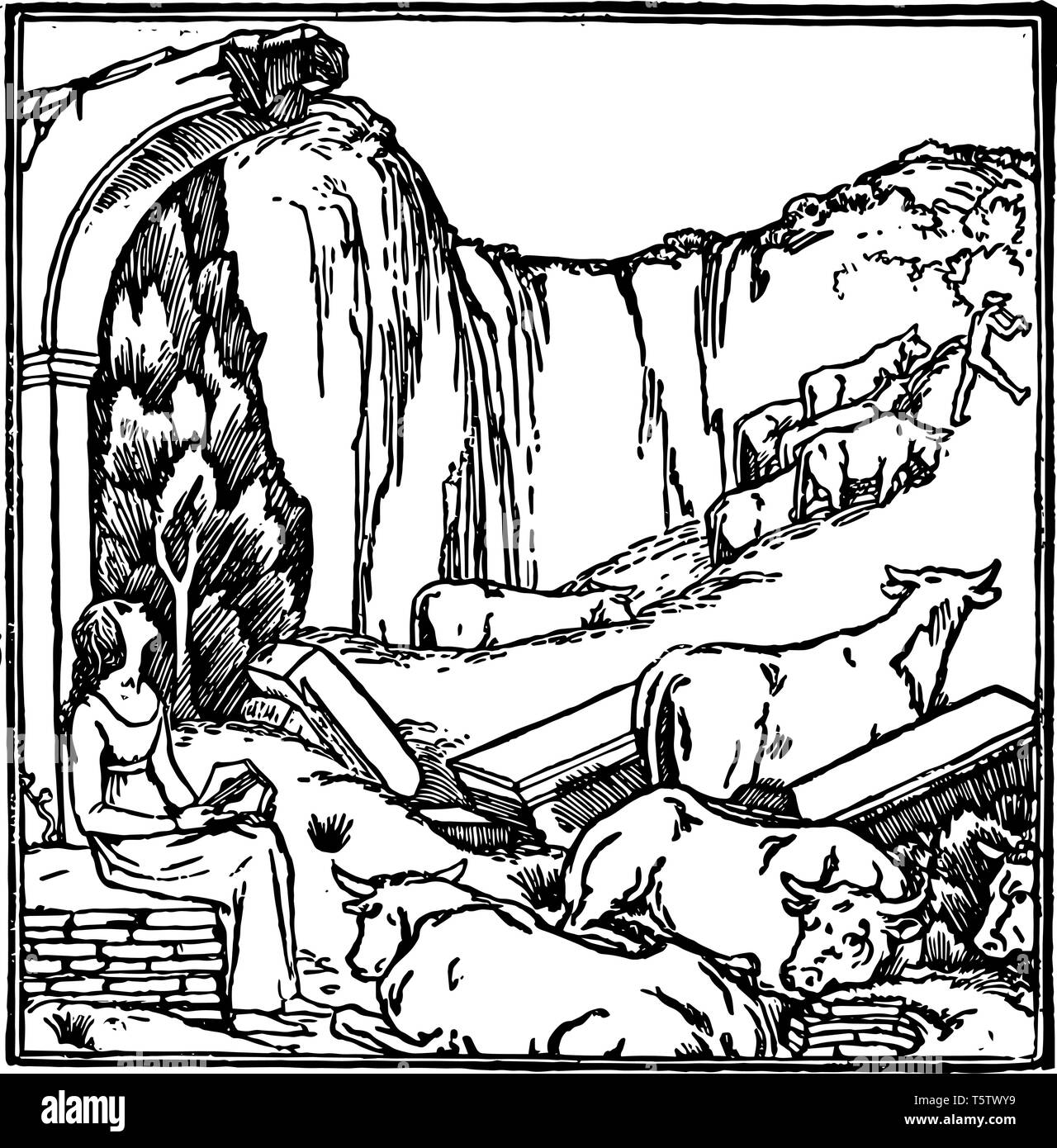 Daphnis und Chloe Zeichen in einem griechischen Roman nicht seine neu erworbene Fähigkeit Räuber zu von einem in der Nähe gelegenen Stadt Test und durch die Intervention vintage Li gespeichert Stock Vektor