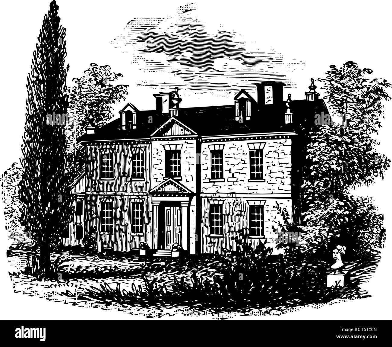 Bild zeigt das Haus von Benjamin Kauen. Das Gebäude hat einen wunderschönen Vorgarten, wo die Statue der Muttergottes vorhanden ist. Der Garten ist voller Grün Big Stock Vektor