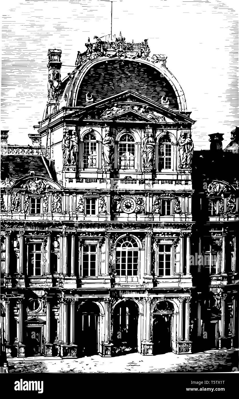 Die innere Fassade des Louvre ein historisches Denkmal eine zentrale Wahrzeichen von Paris, am rechten Ufer der Seine in der 1. Arrondissement vintage Zeichnung Stock Vektor
