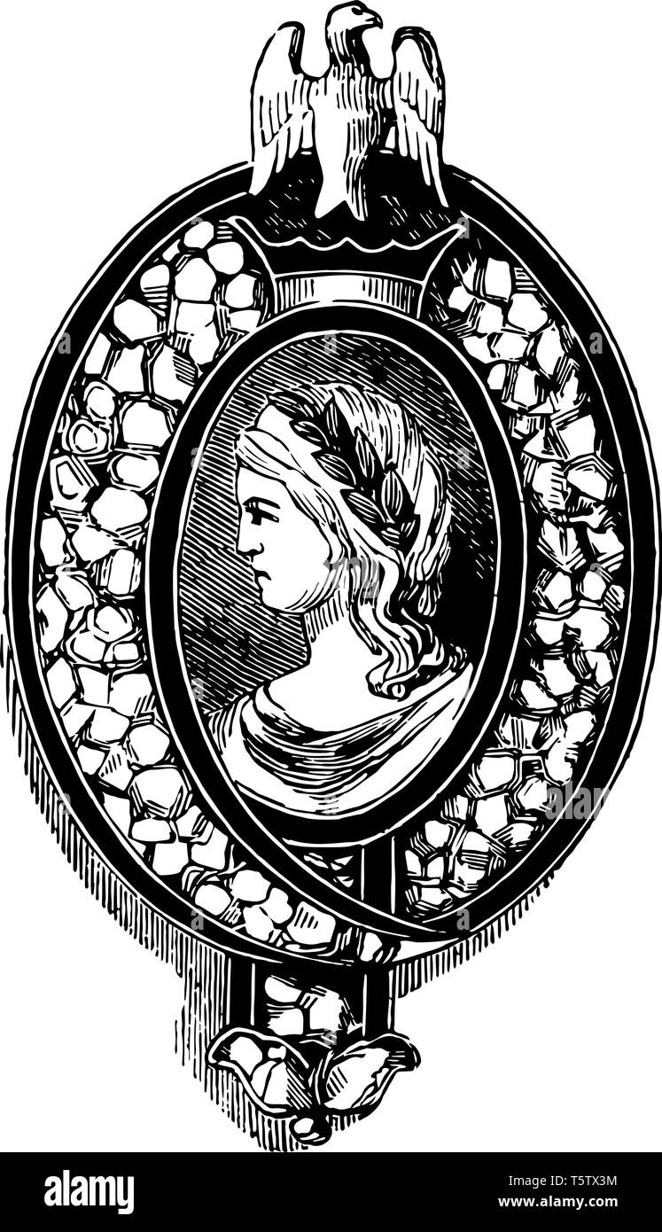 Brosche Pin wird mit Diamanten auf blauer Emailfarbe vintage Strichzeichnung oder Gravur Abbildung umgeben. Stock Vektor