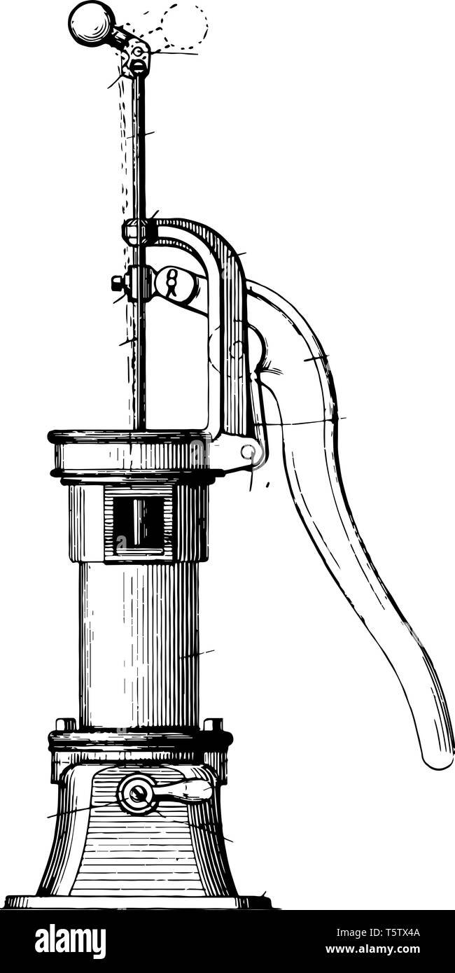 Diese Abbildung stellt Handbetriebene Pumpe, wo die Leute es könnte Wasser vintage Strichzeichnung oder Gravur Abbildung zu extrahieren. Stock Vektor