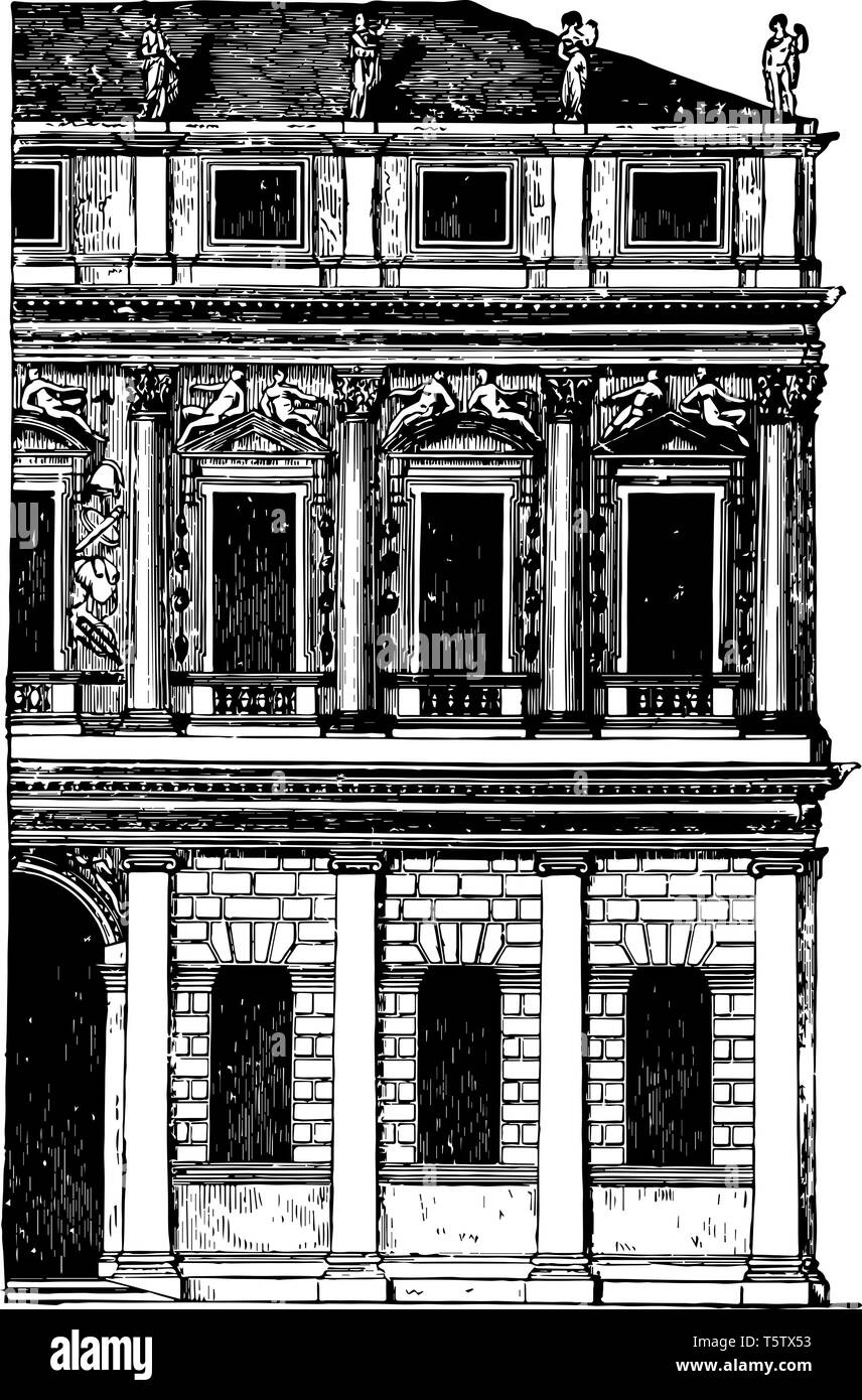 Fassade eines Palastes in Vicenza ist in der Regel rustikaler Arbeit der oberen Geschichten haben Pilaster, lisenen oder Arkaden auf dem Boden Boden eingeführt werden Stock Vektor