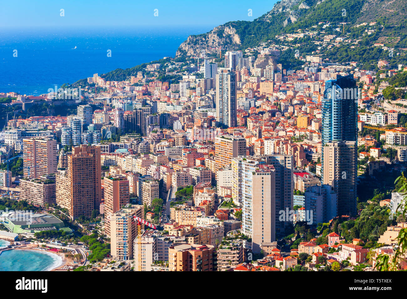 Monte Carlo, Monaco Antenne Panoramablick. Monaco ist ein Land an der Französischen Riviera in der Nähe von Frankreich in Europa. Stockfoto