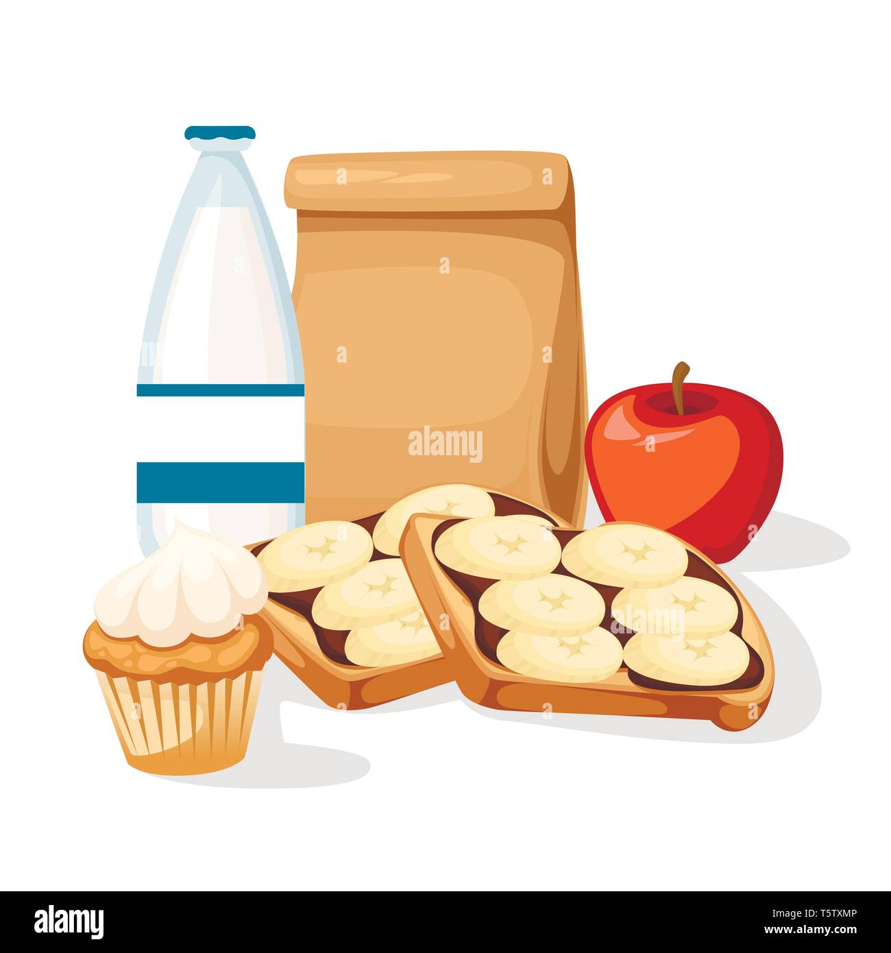 Mittagessen Papiertüte mit Saft, Apple und Sandwich. Recyceln Sie braune Papiertüte. Flache Vector Illustration auf weißem Hintergrund. Stock Vektor