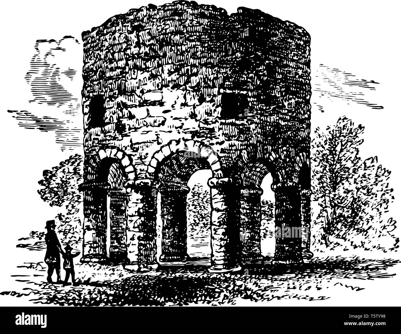 Old Stone Mill an der Spitze der Mill Street Touro Park ist eine kreisförmige Mühle in Höhe von 28 Fuß Breite 24 Meter vintage Strichzeichnung. Stock Vektor